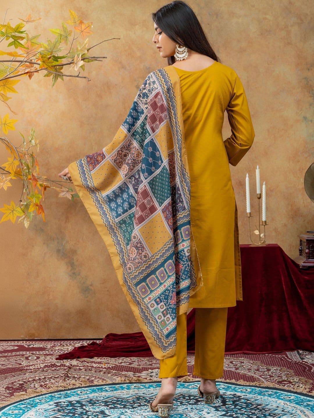 SAINOOR Women Ethnic Motifs Embroidered Regular Thread Work Pure Cotton Kurta with Trousers & With Dupatta thumbnail 5