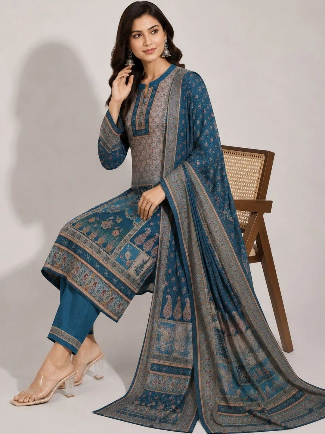 Wool's Kart Women Ethnic Motifs Printed Regular Kurta with Trousers & With Dupatta thumbnail 4