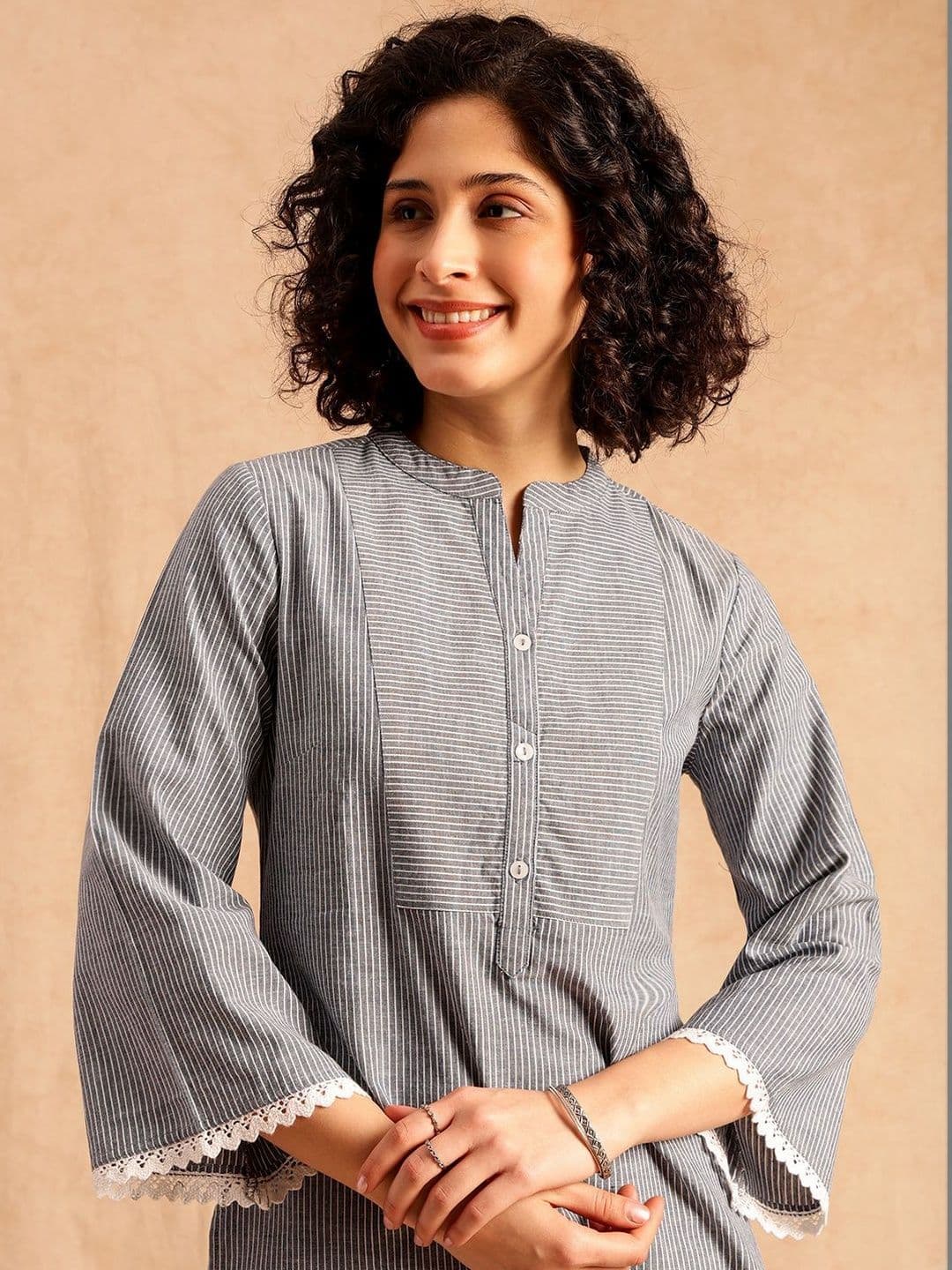 Anouk Women Striped Printed Mandarin Collar Regular Sleeves Kurta thumbnail 7