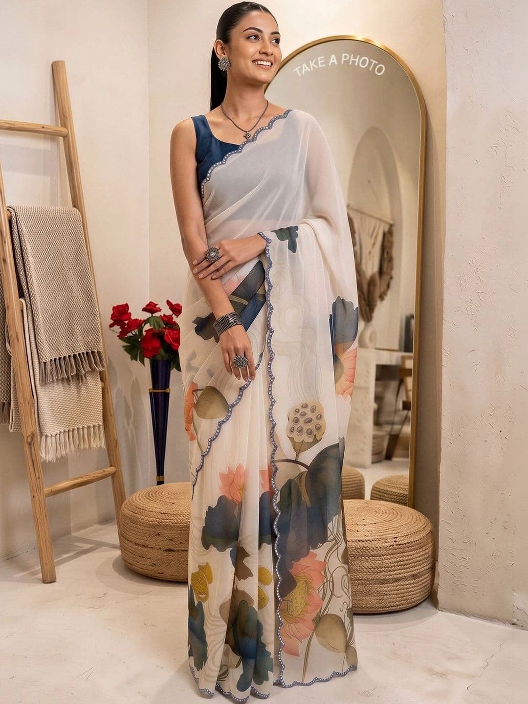 Anouk Floral Mirror Work Poly Chiffon Designer Saree thumbnail 3