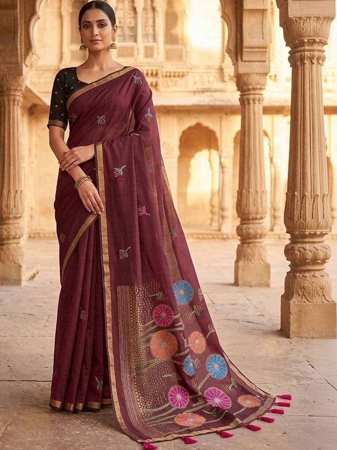 Fashion Mantra Embroidered Linen Blend Saree - view 1