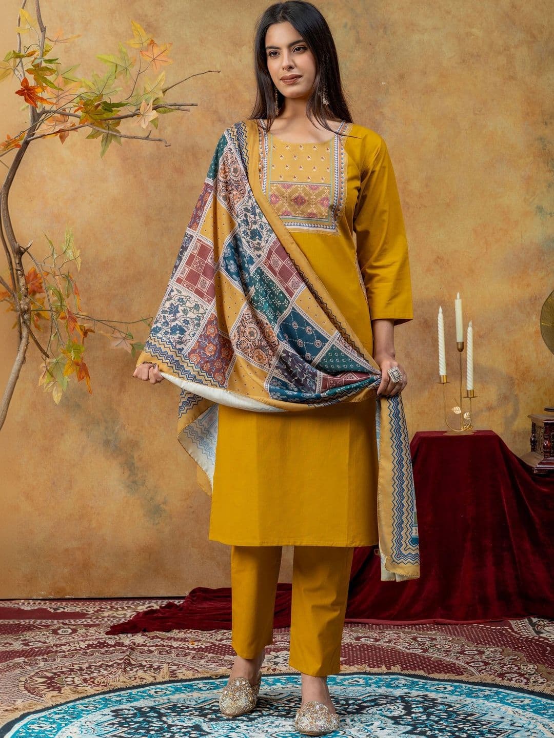 SAINOOR Women Ethnic Motifs Embroidered Regular Thread Work Pure Cotton Kurta with Trousers & With Dupatta - view 1