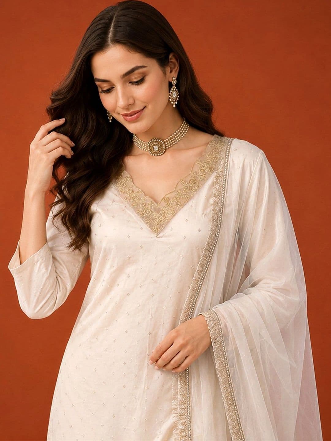 SAINOOR Women Ethnic Motifs Printed Regular Thread Work Kurta with Trousers & With Dupatta thumbnail 4
