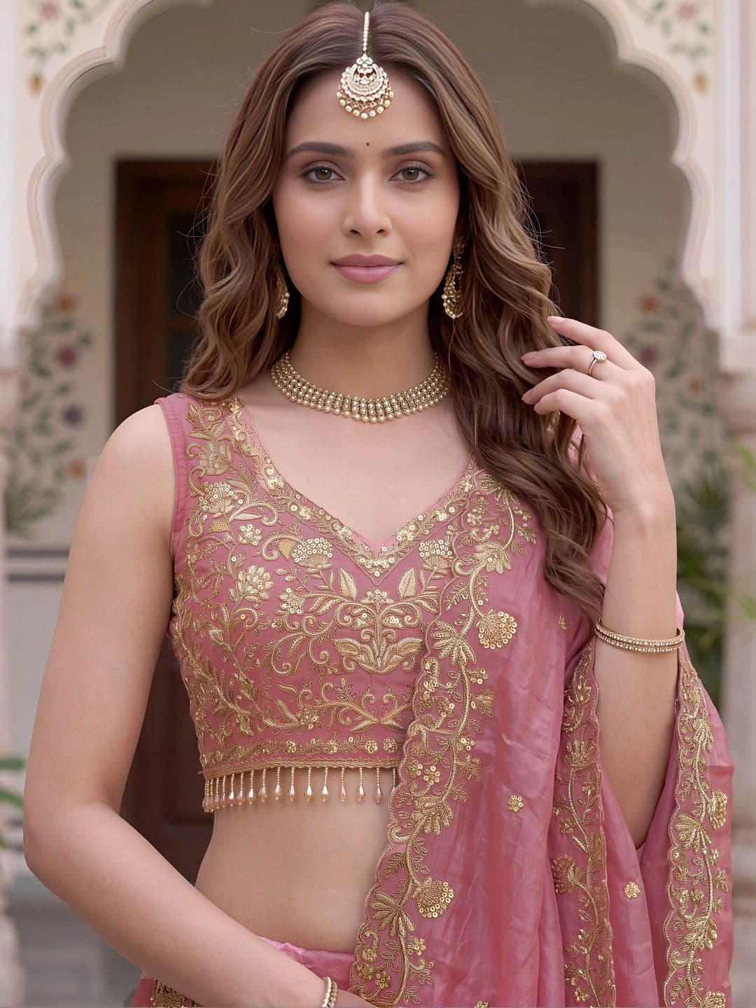 ETHNIC PLUS Embroidered Thread Work Semi-Stitched Lehenga & Unstitched Blouse With Dupatta thumbnail 5