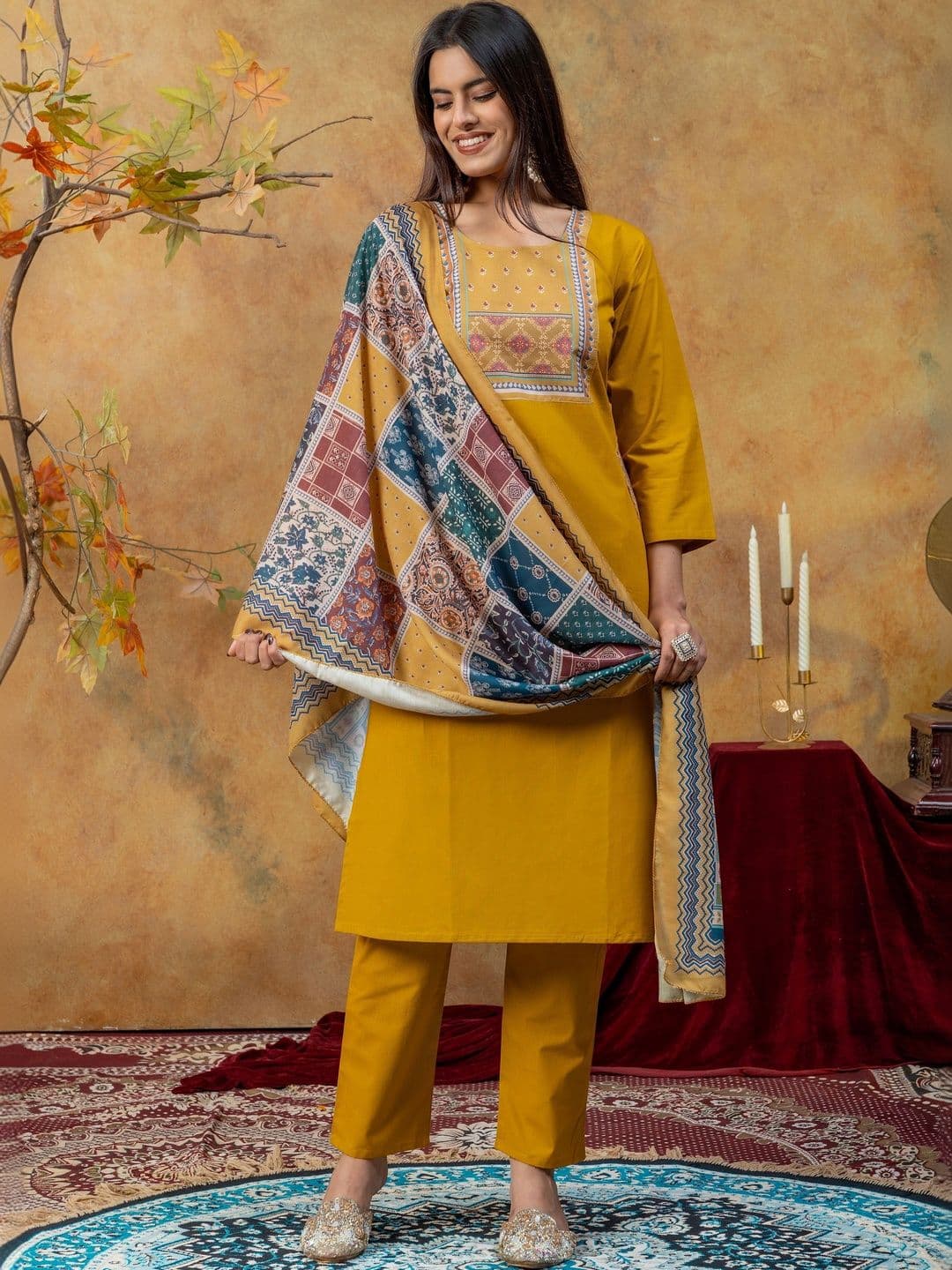 SAINOOR Women Ethnic Motifs Embroidered Regular Thread Work Pure Cotton Kurta with Trousers & With Dupatta thumbnail 6