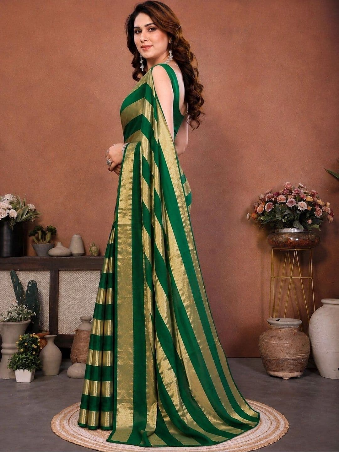 Zenofab Striped Zari Satin Leheriya Saree thumbnail 3