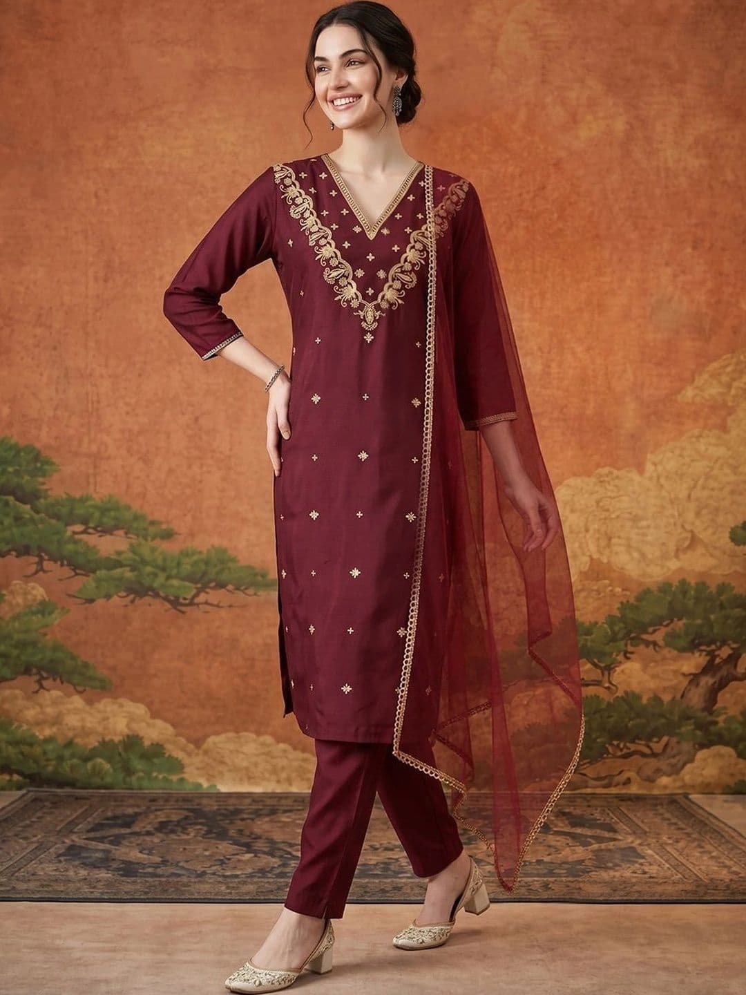 SAINOOR Women Ethnic Motifs Embroidered Regular Kurta with Trousers & With Dupatta thumbnail 7