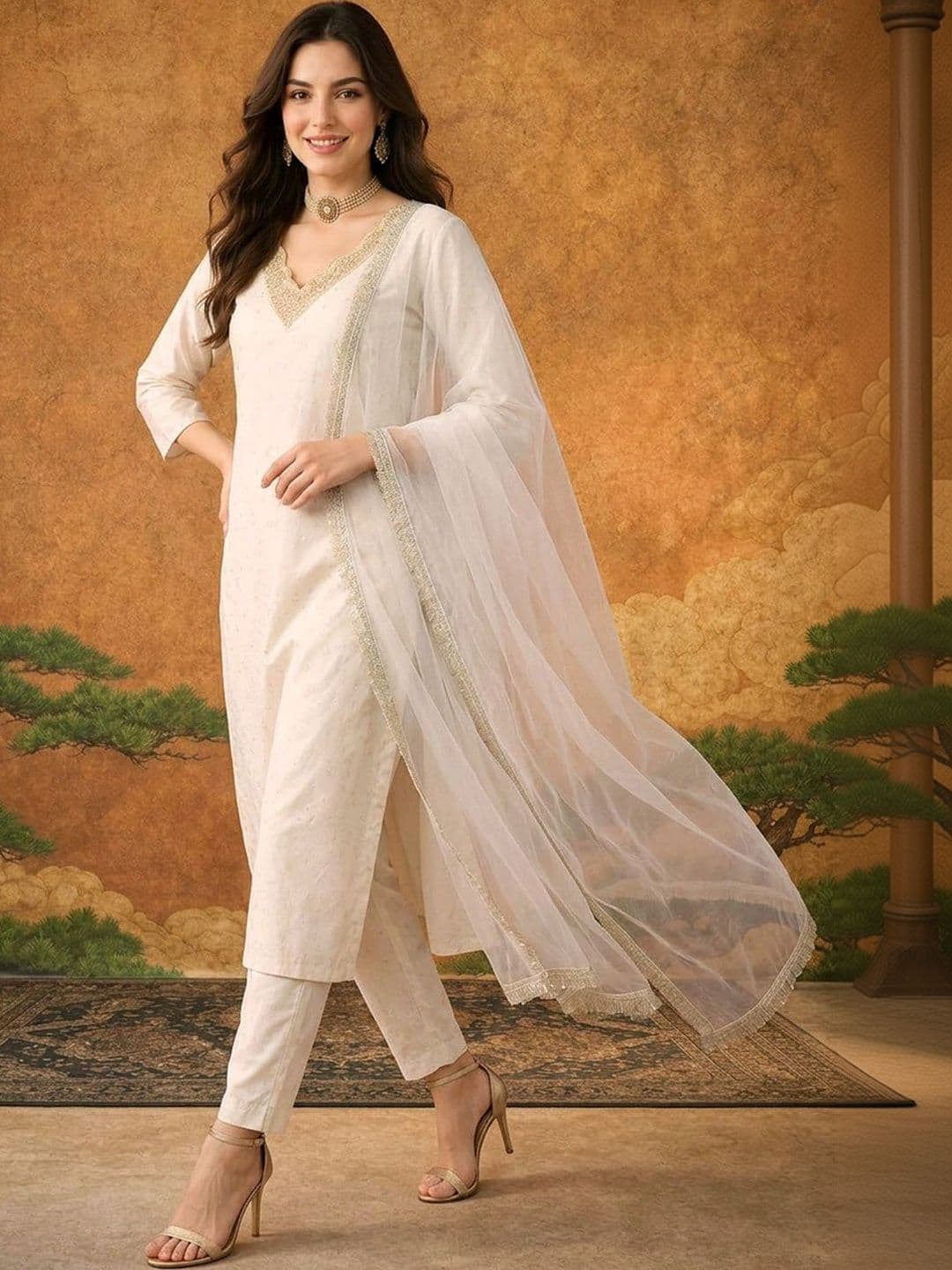 SAINOOR Women Ethnic Motifs Printed Regular Thread Work Kurta with Trousers & With Dupatta thumbnail 7