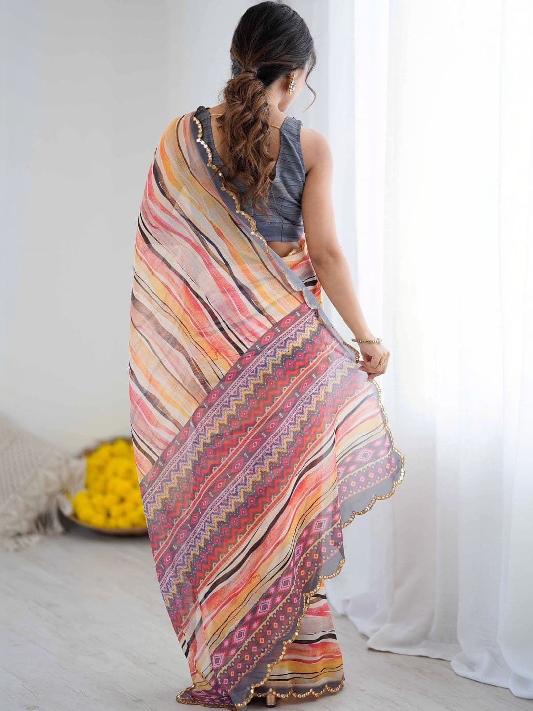 Mitera Striped Pure Georgette Saree thumbnail 4