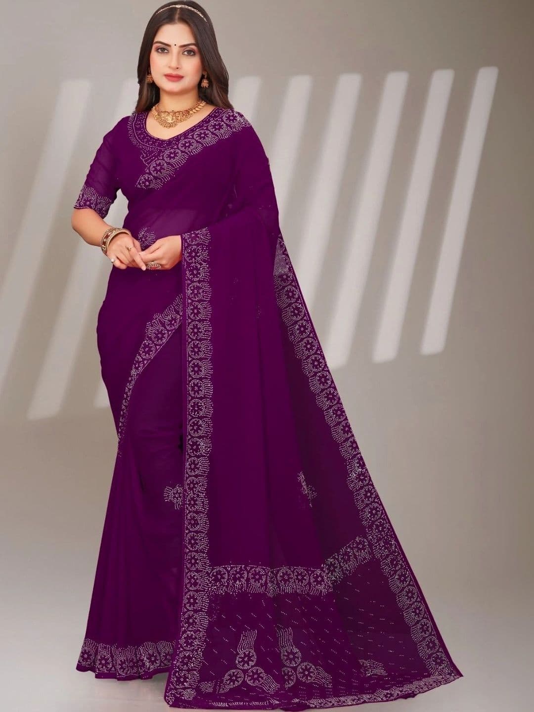 Fashion Mantra Embroidered Poly Chiffon Saree - view 1