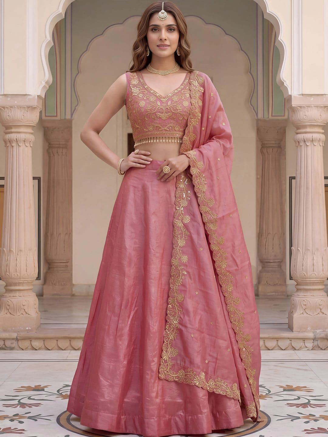 ETHNIC PLUS Embroidered Thread Work Semi-Stitched Lehenga & Unstitched Blouse With Dupatta - view 1