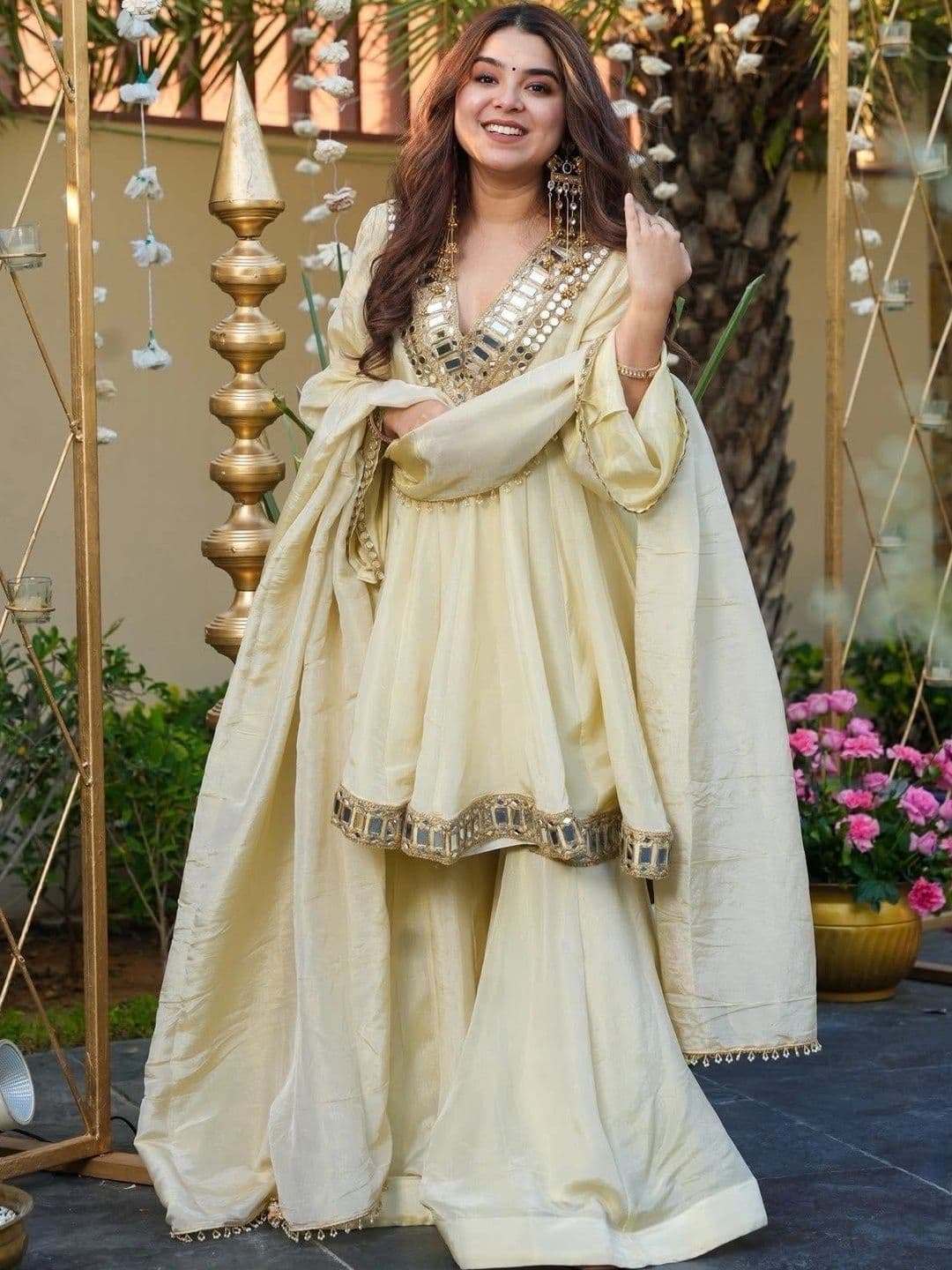 Mitera Women Angrakha Mirror Work Silk Chiffon Kurta with Sharara & With Dupatta thumbnail 6