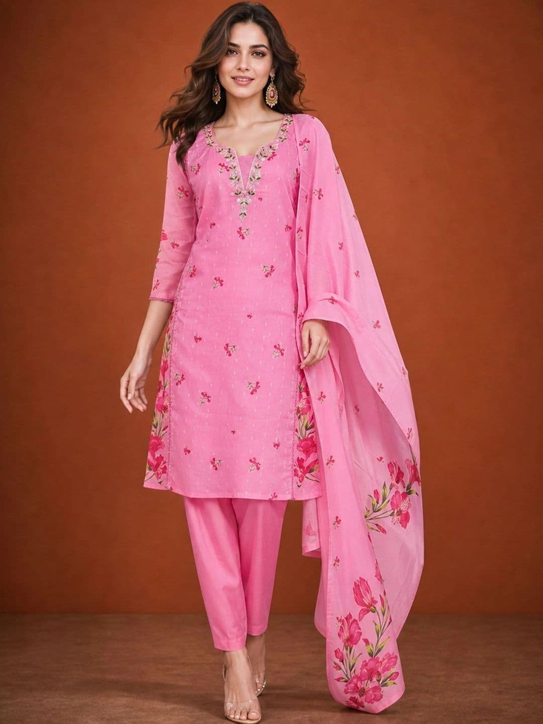 SAINOOR Women Floral Printed Regular Thread Work Kurta with Trousers & With Dupatta thumbnail 7