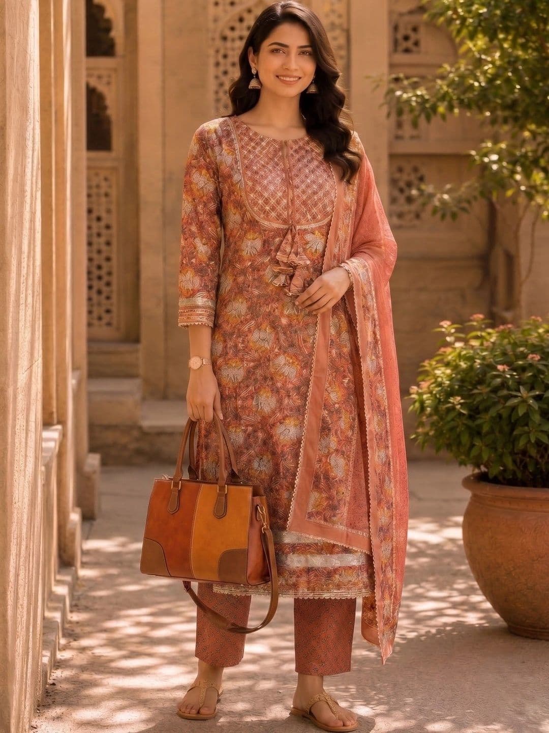 KALINI Women Ethnic Motifs Printed Regular Thread Work Pure Cotton Kurta with Trousers & With Dupatta thumbnail 2