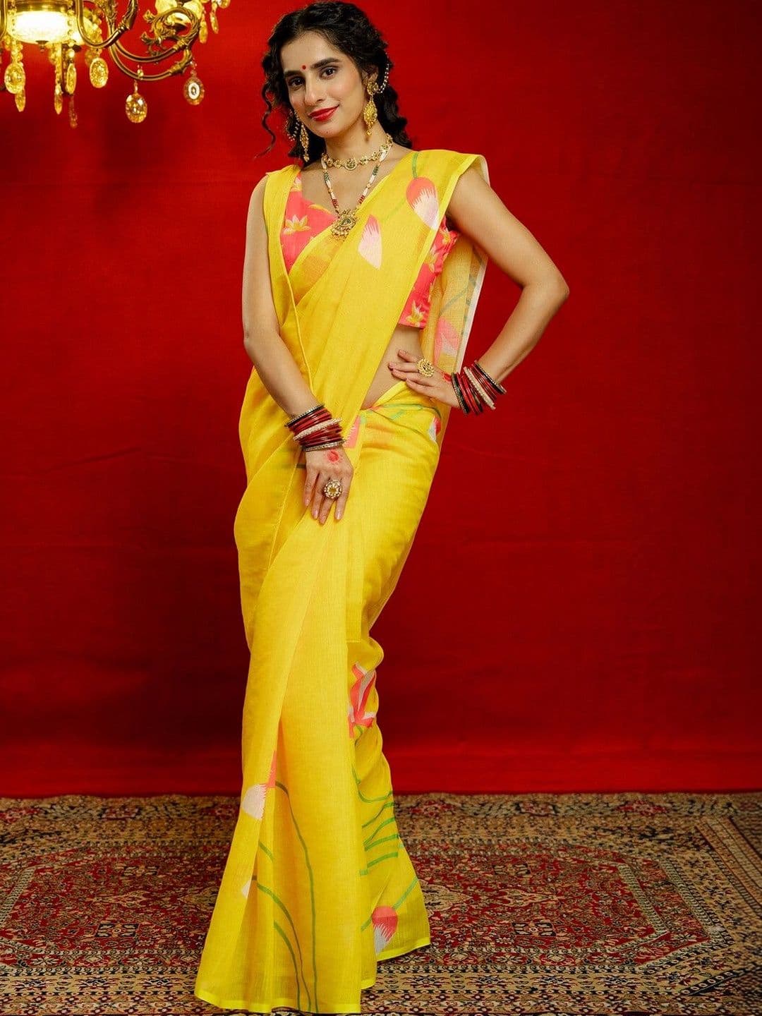 Satrani Woven Pure Linen Floral Printed Saree With Blouse Piece - view 1
