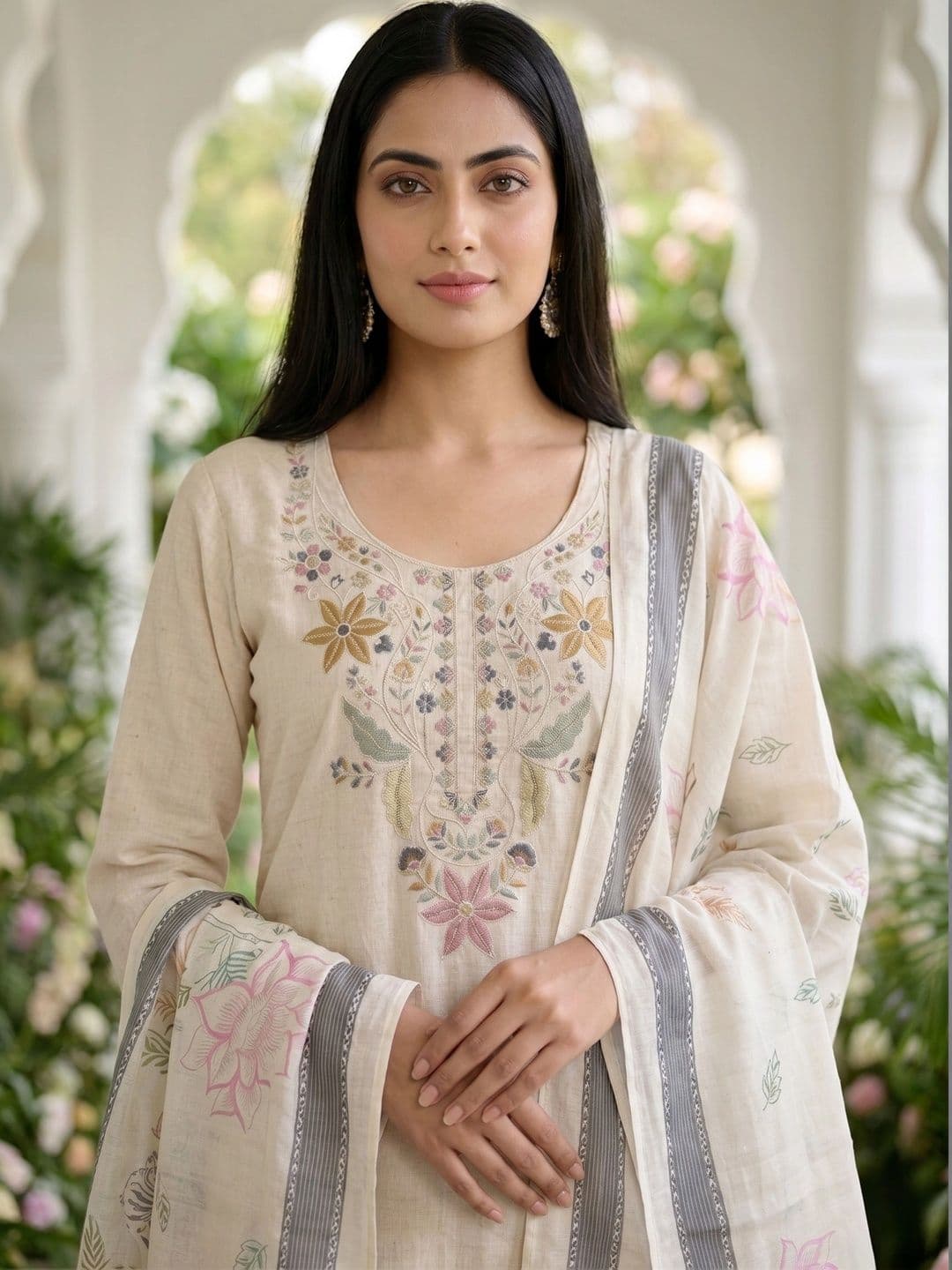 MATMA FASHION Women Floral Embroidered Regular Thread Work Pure Cotton Kurta with Trousers & With Dupatta thumbnail 5