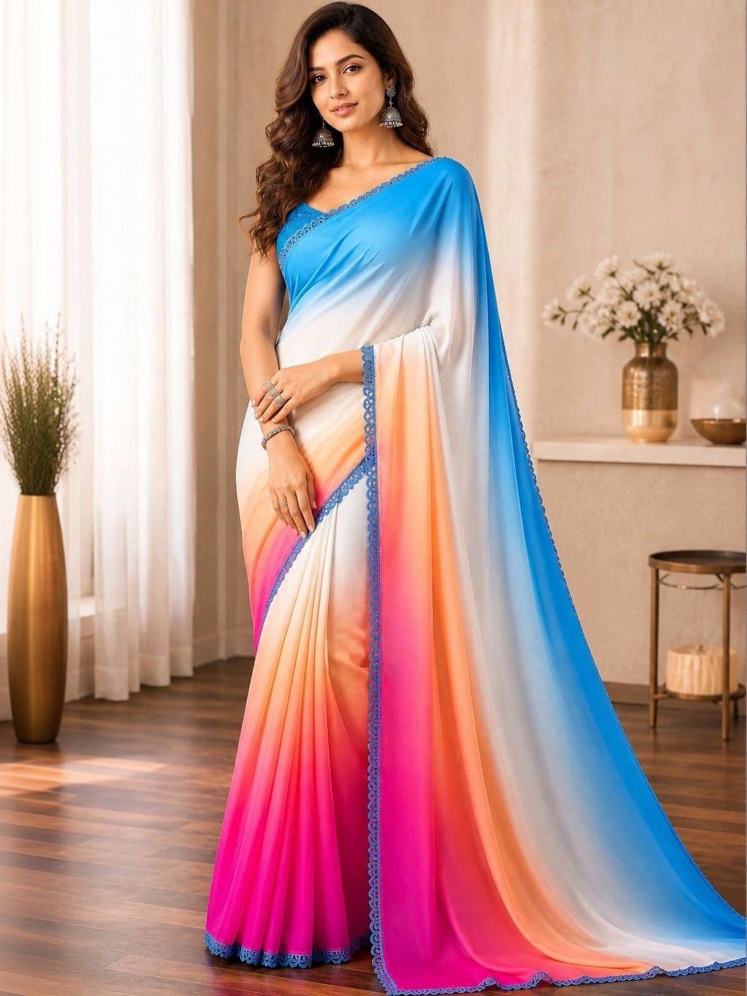PRANU TRENDS Ombre Poly Georgette Saree - view 1