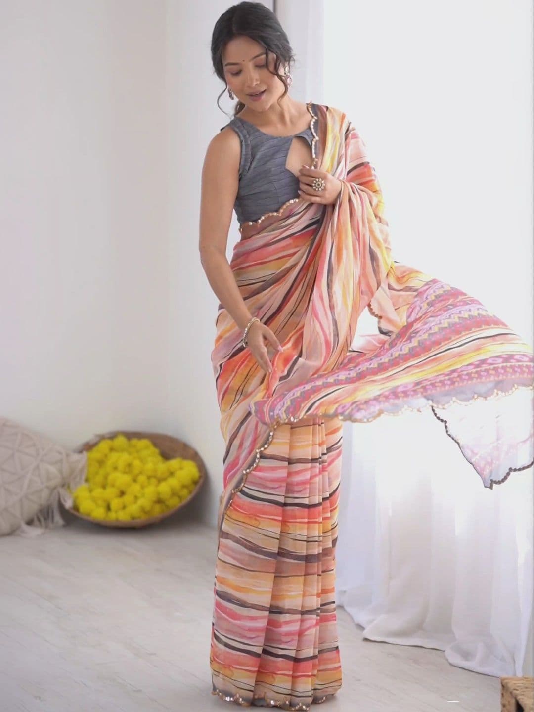 Mitera Striped Pure Georgette Saree thumbnail 5
