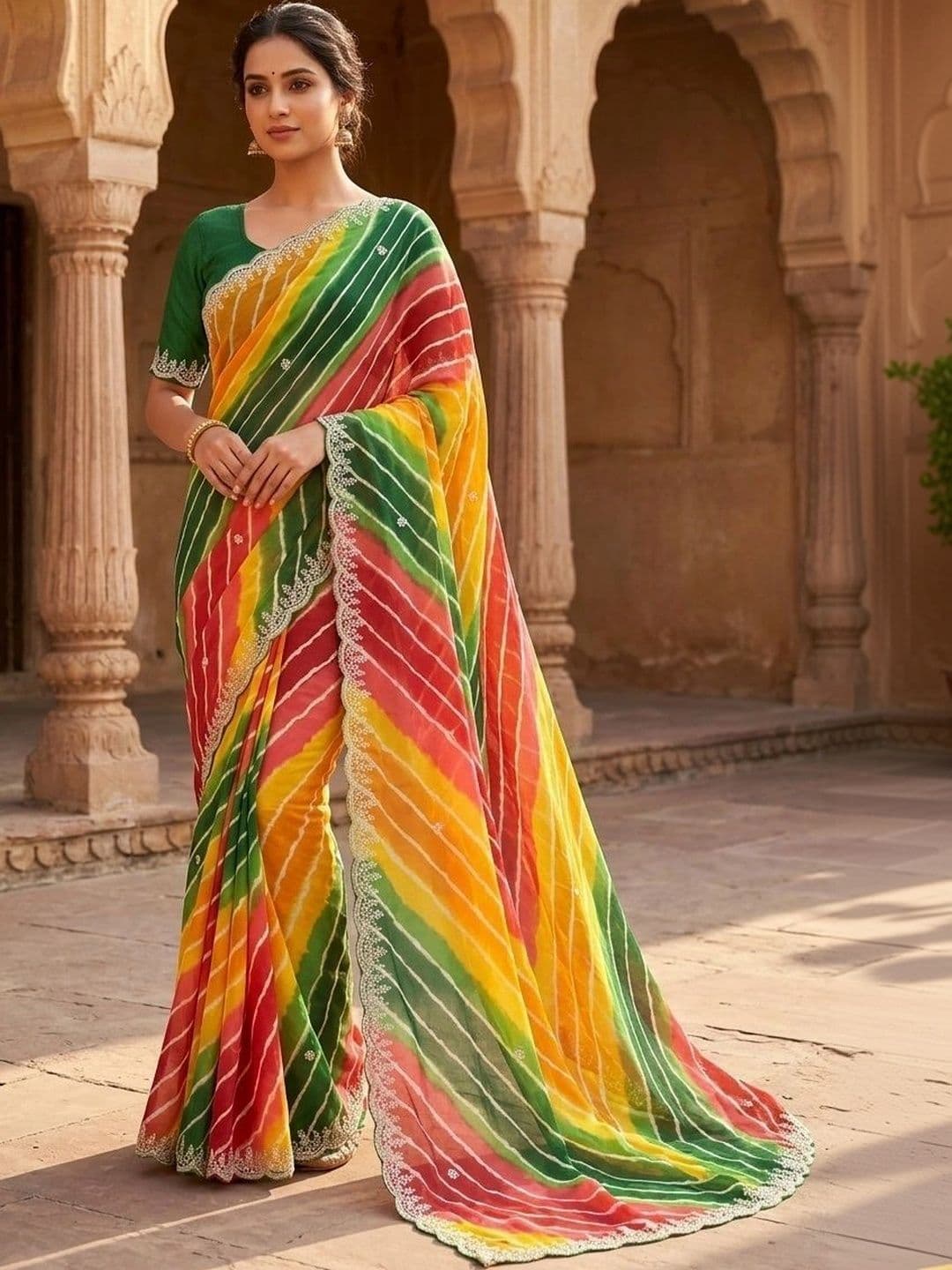 Fashion Mantra Leheriya Embroidered Poly Georgette Saree - view 1