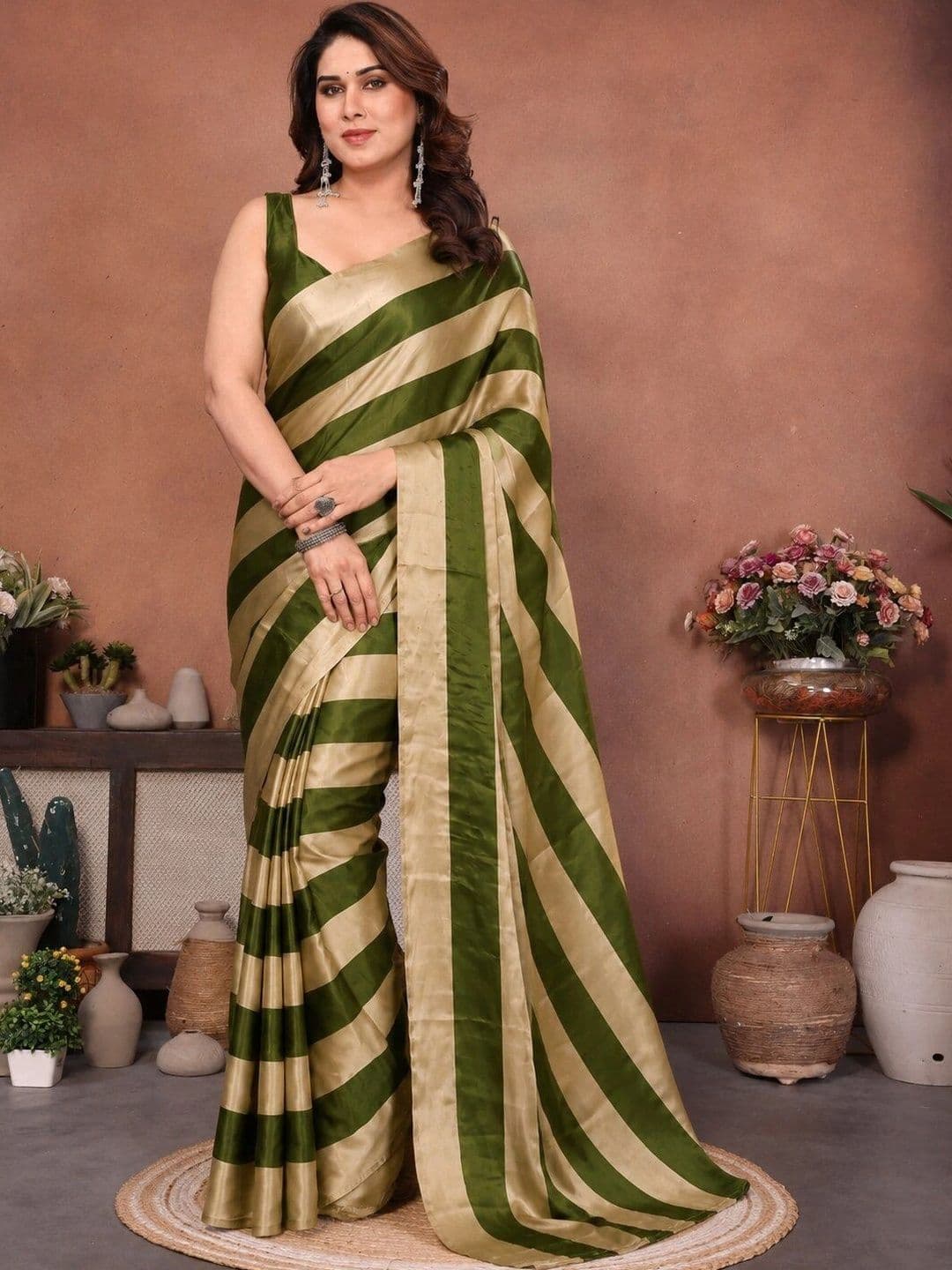 Zenofab Striped Zari Satin Leheriya Saree - view 1