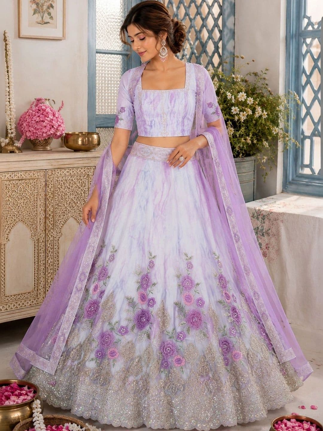 Indi INSIDE Dyed Thread Work Semi-Stitched Lehenga & Unstitched Blouse With Dupatta - view 1