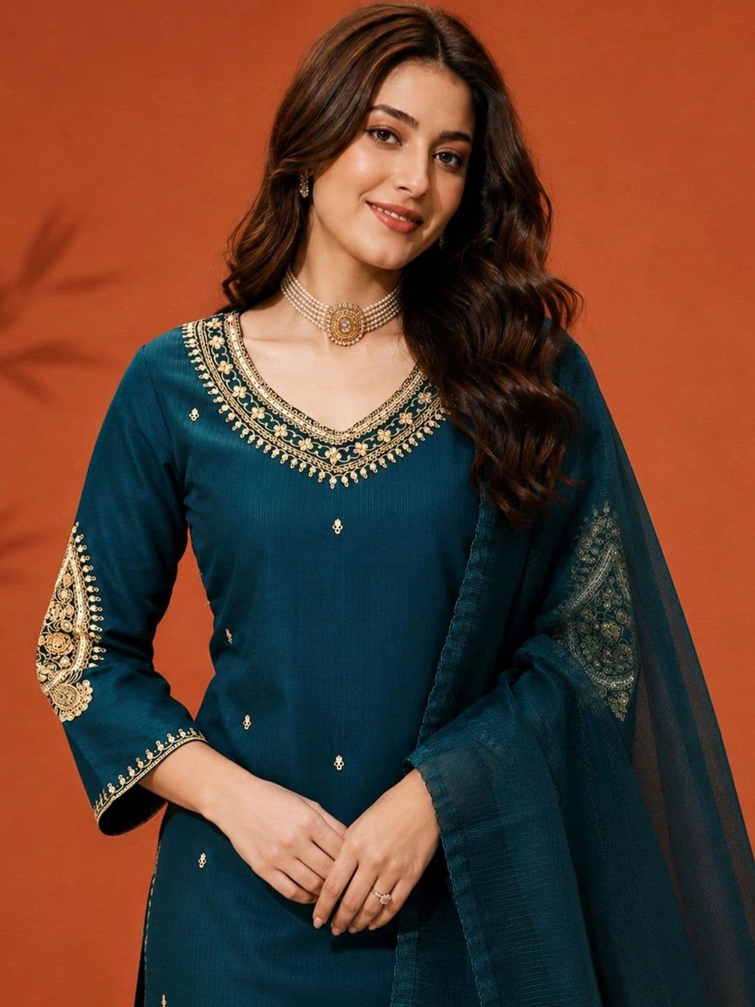 SAINOOR Women Ethnic Motifs Embroidered Regular Patchwork Kurta with Trousers & With Dupatta thumbnail 3