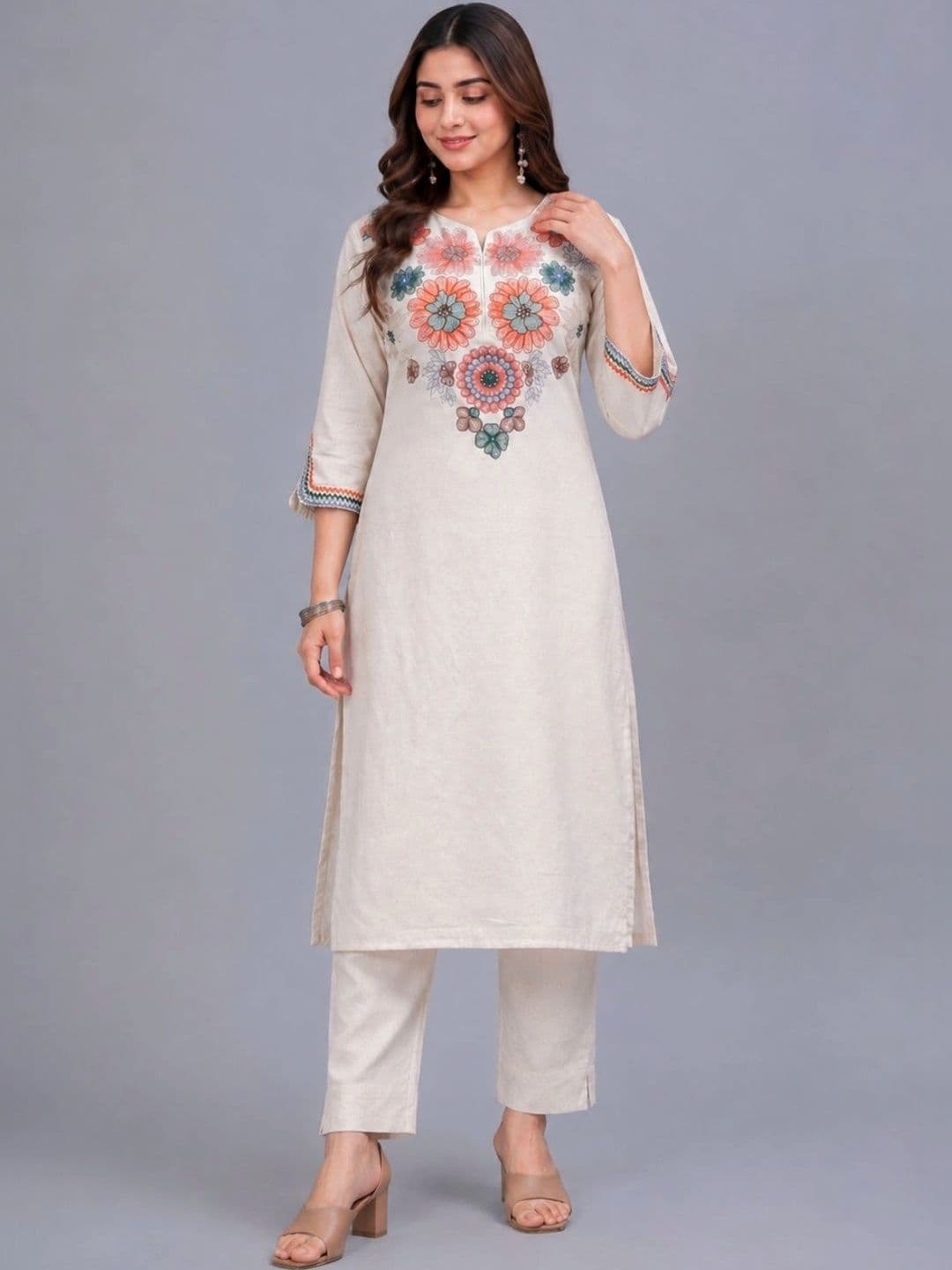 Amayra Women Ethnic Motifs Embroidered Regular Thread Work Pure Cotton Kurta with Trousers thumbnail 4