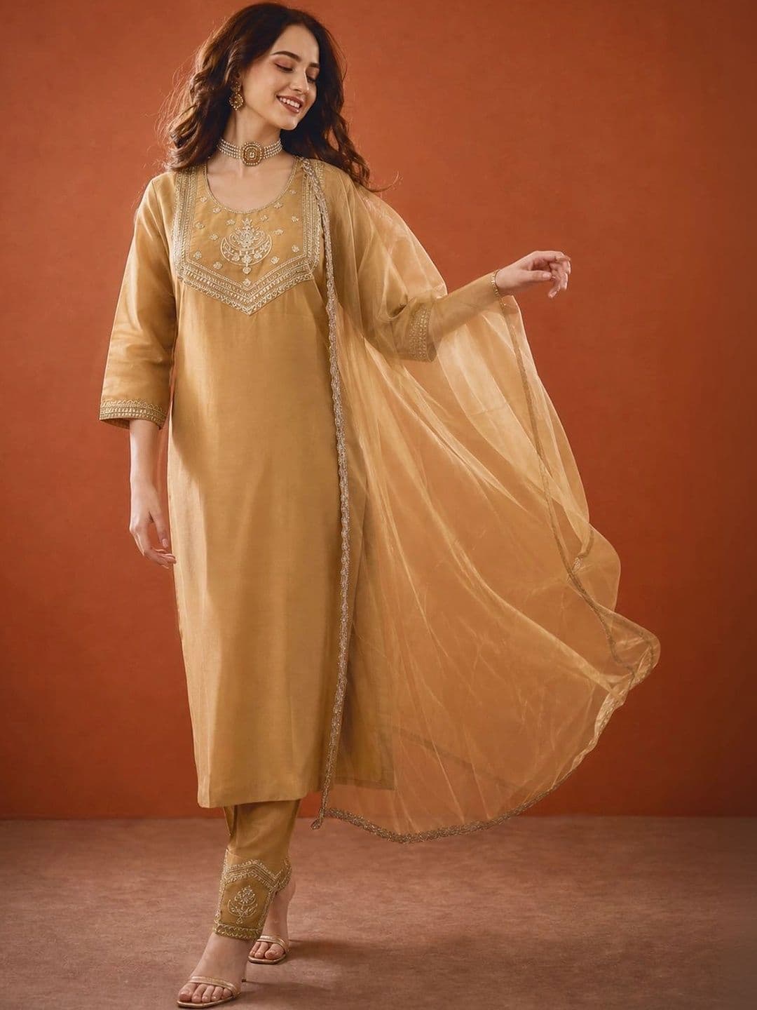SAINOOR Women Ethnic Motifs Embroidered Regular Thread Work Kurta with Trousers & With Dupatta thumbnail 3