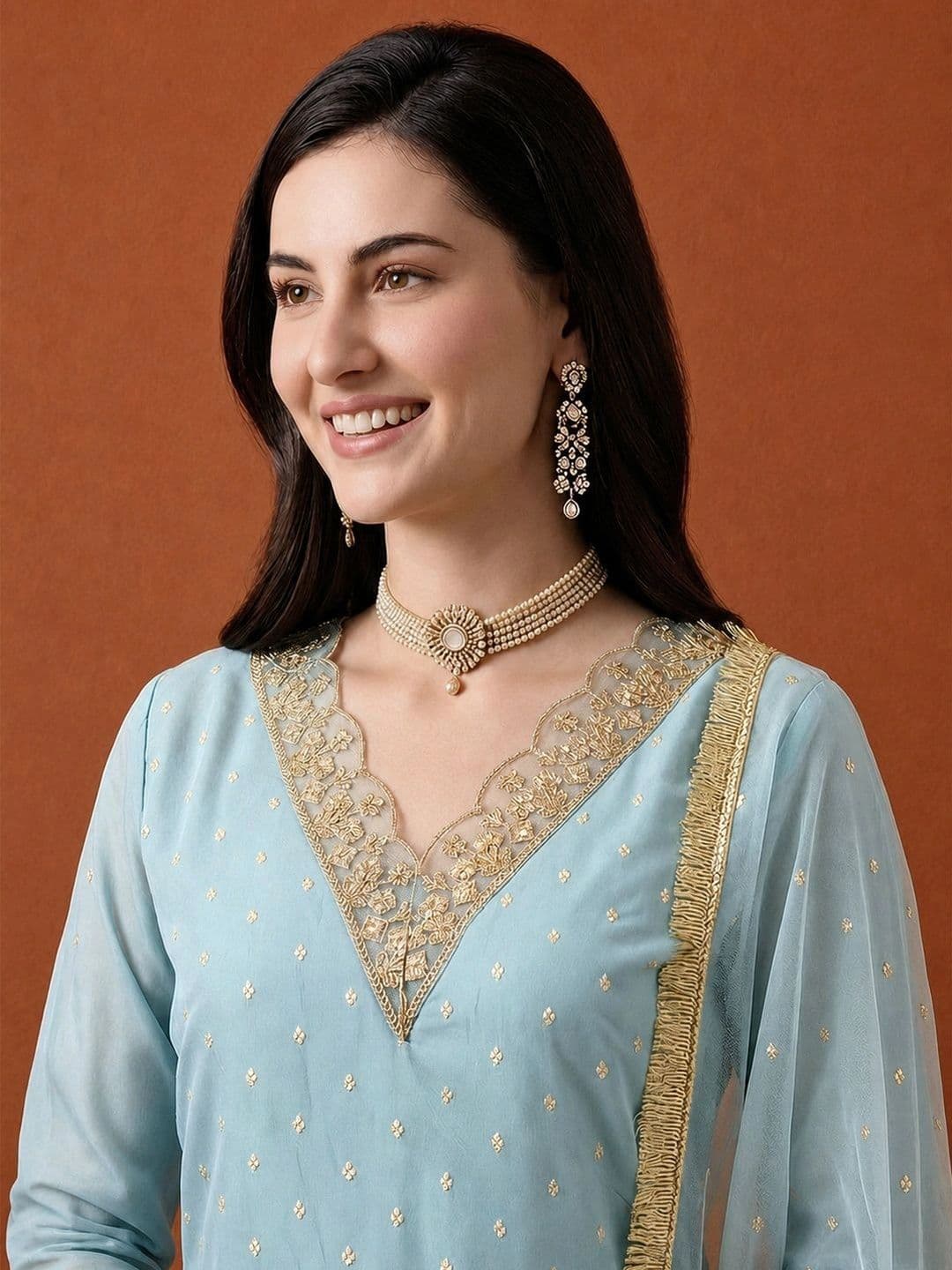 SAINOOR Women Ethnic Motifs Embroidered Regular Thread Work Kurta with Trousers & With Dupatta thumbnail 4