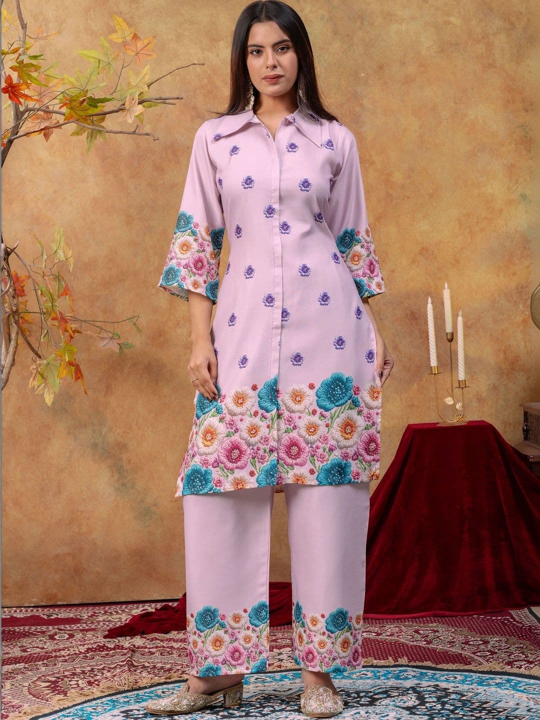 SAINOOR Women Floral Printed Regular Pure Cotton Kurta with Palazzos thumbnail 2