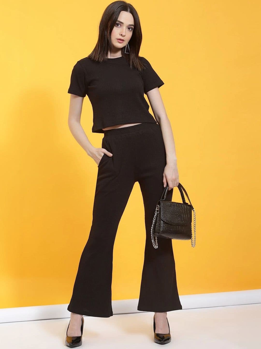 HERE&NOW Knitted Cotton Self Design Top with Trousers - view 1