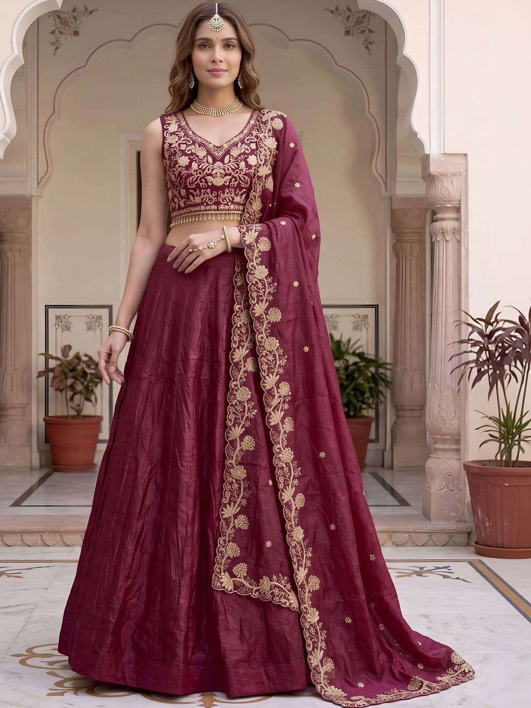 ETHNIC PLUS Embroidered Thread Work Semi-Stitched Lehenga & Unstitched Blouse With Dupatta - view 1