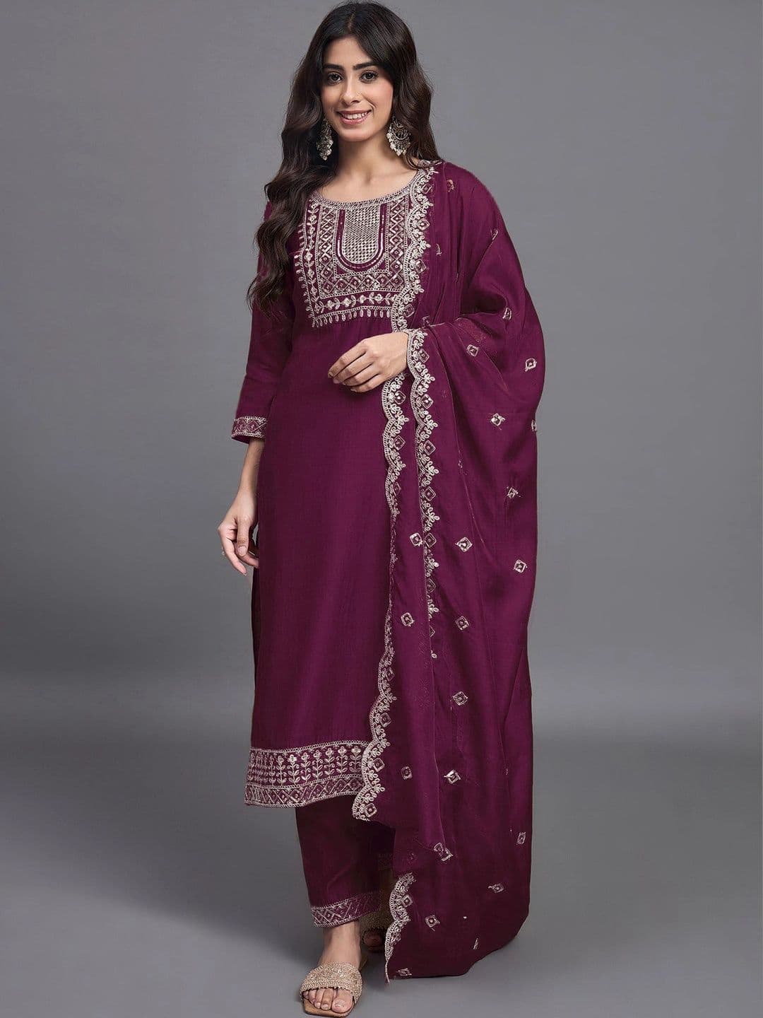 Shree Ramkrishna Fab Women Ethnic Motifs Embroidered Regular Thread Work Kurta with Trousers & With Dupatta thumbnail 3