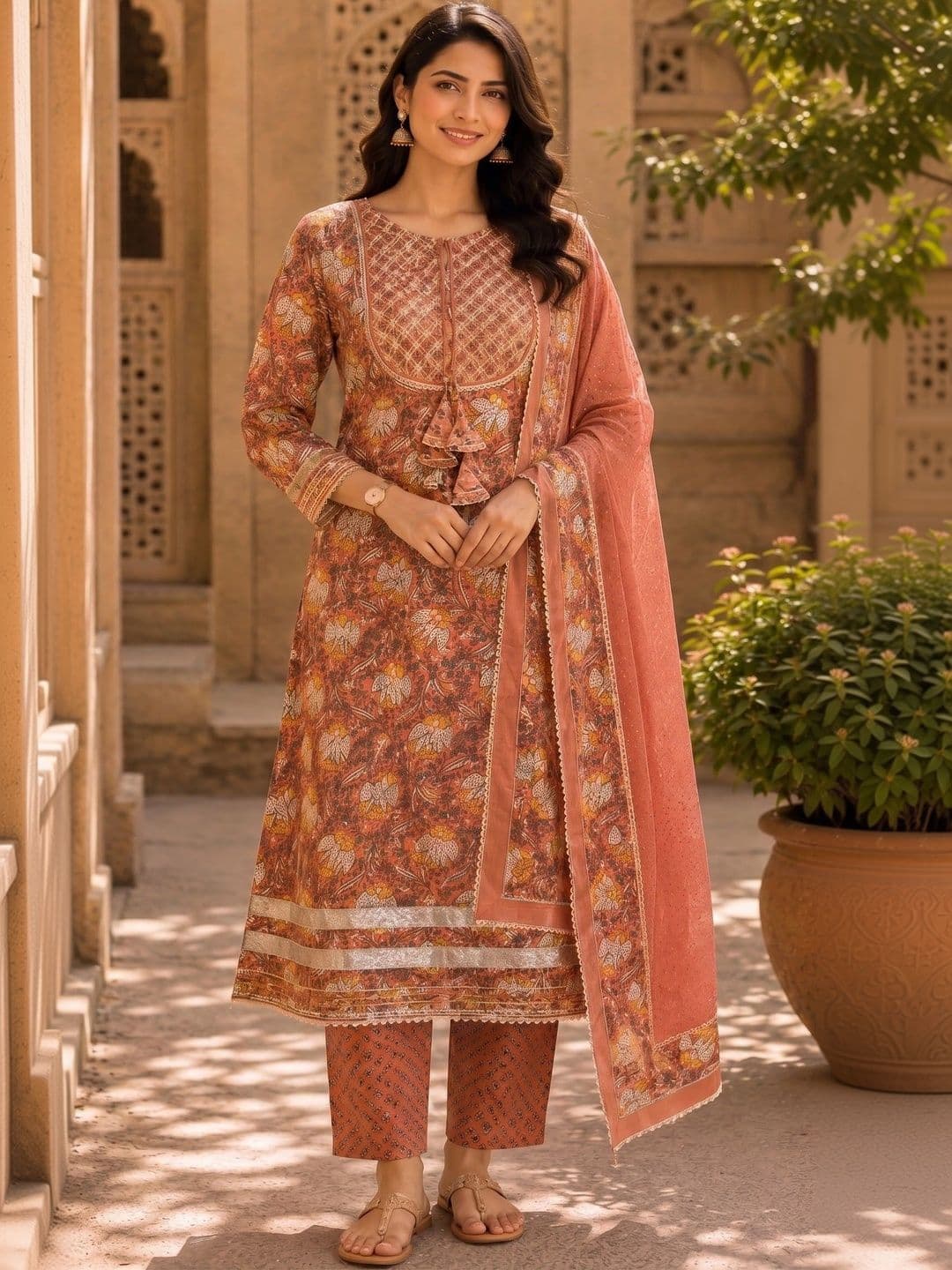 KALINI Women Ethnic Motifs Printed Regular Thread Work Pure Cotton Kurta with Trousers & With Dupatta - view 1
