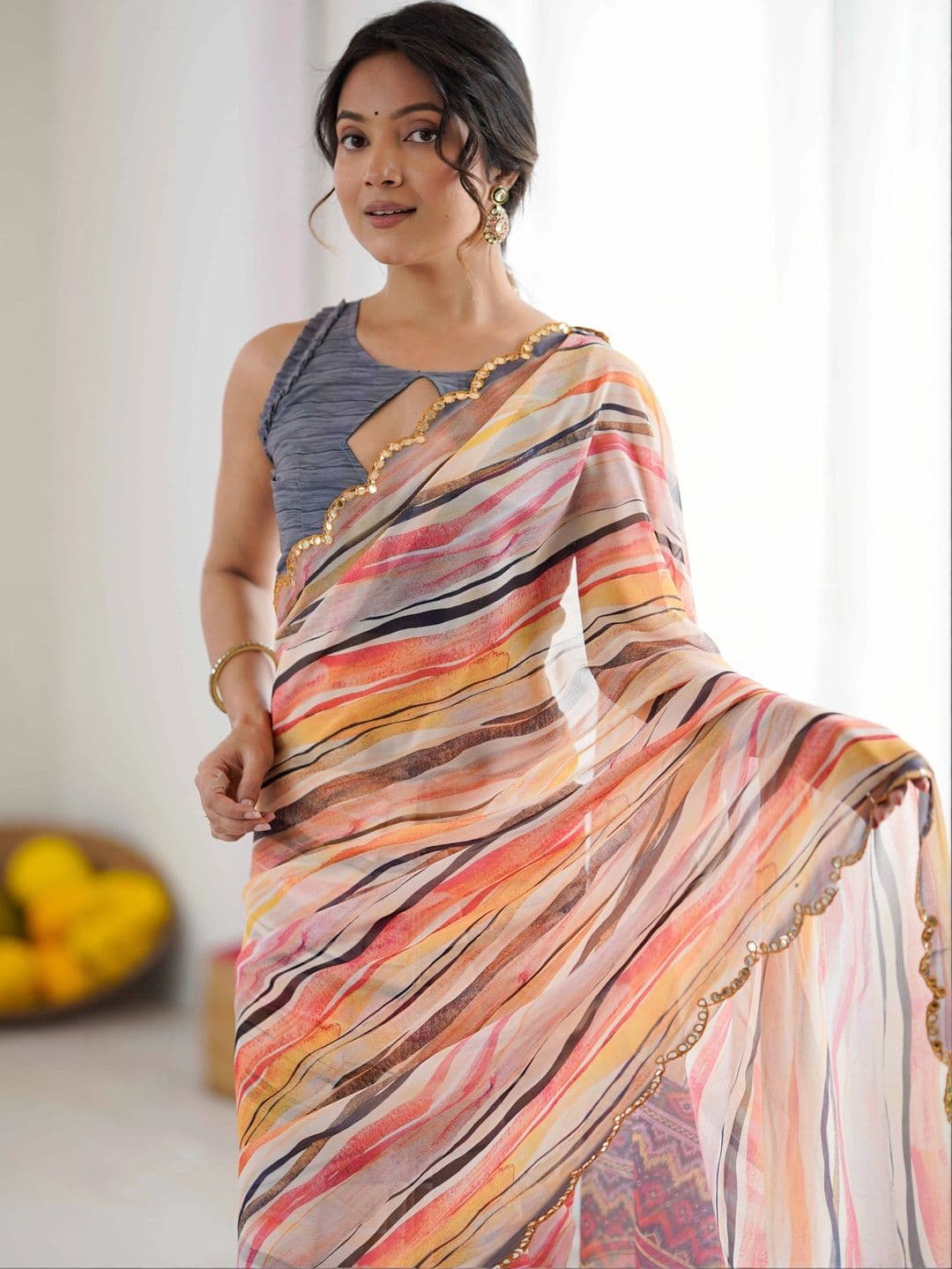 Mitera Striped Pure Georgette Saree thumbnail 6