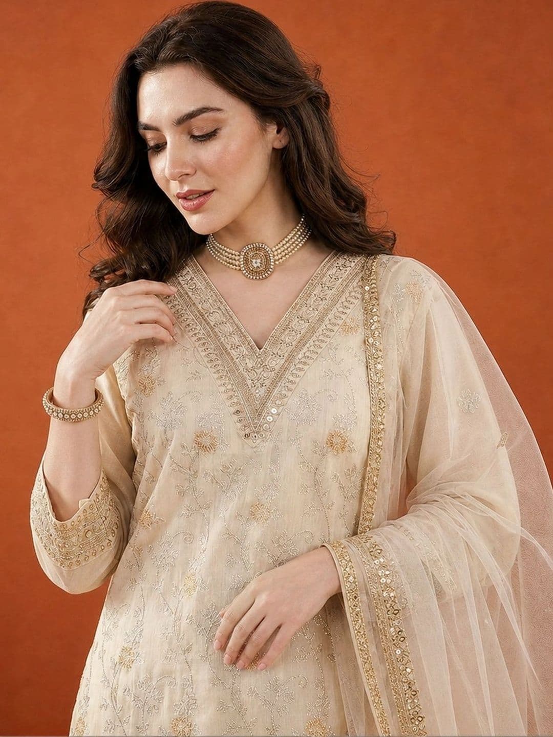 SAINOOR Women Ethnic Motifs Embroidered Regular Thread Work Kurta with Trousers & With Dupatta thumbnail 7