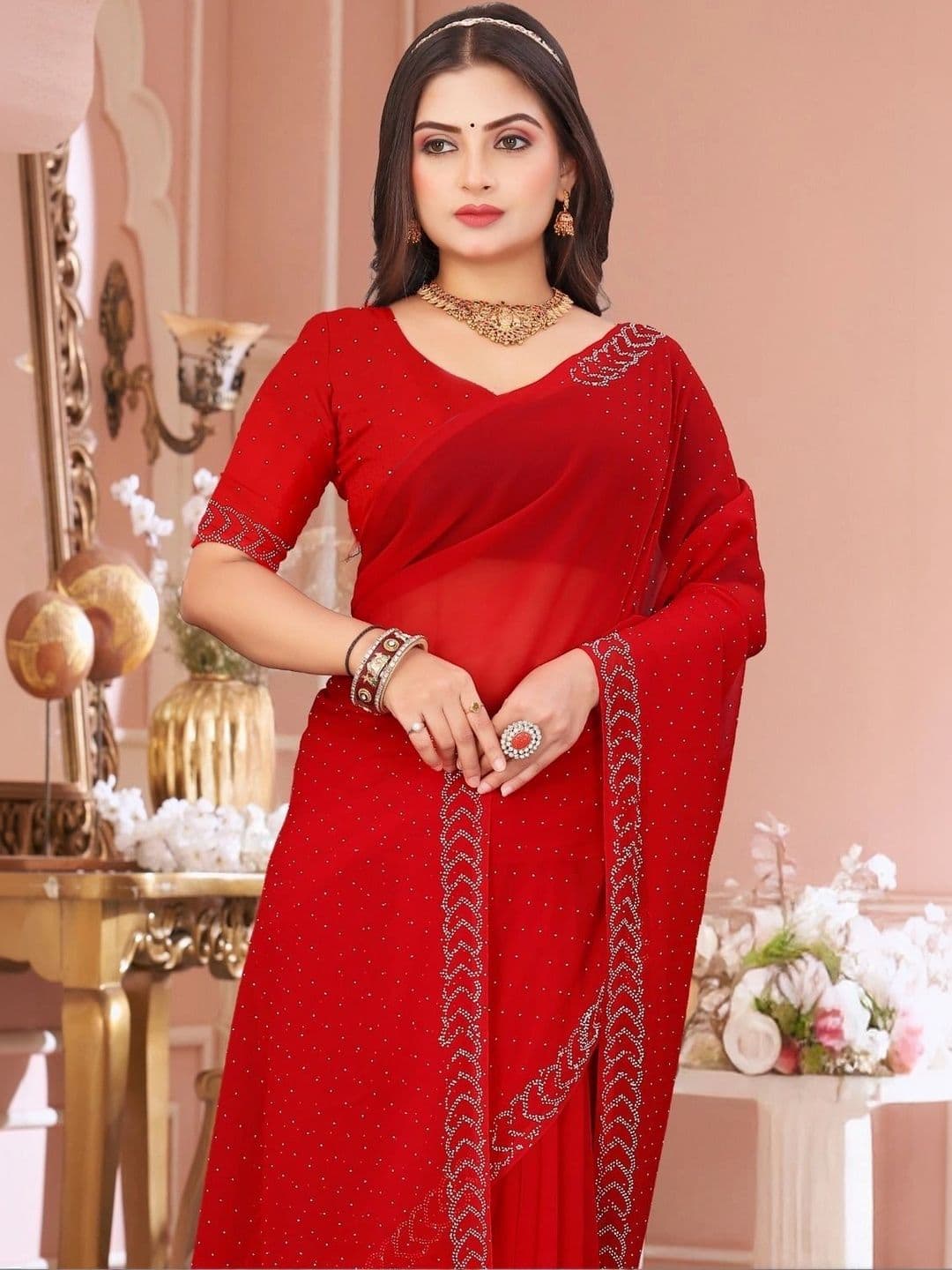 Fashion Mantra Embellished Poly Chiffon Saree thumbnail 4