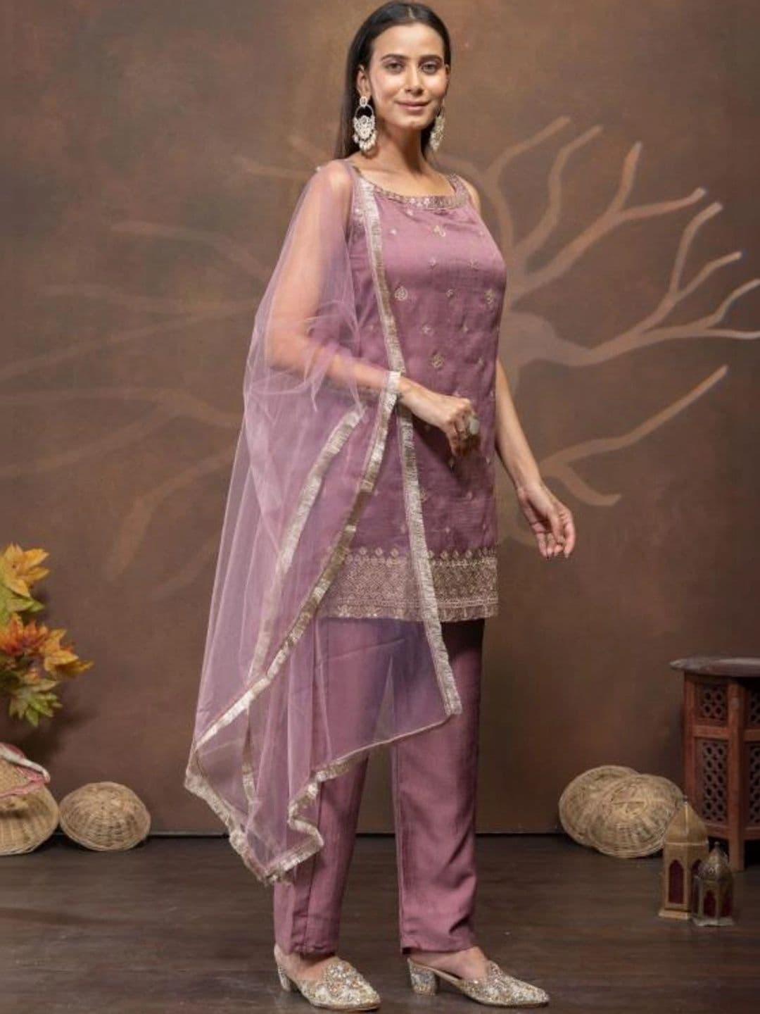 Aditexo Women Ethnic Motifs Embroidered Regular Thread Work Chanderi Silk Kurta with Palazzos & With Dupatta thumbnail 5