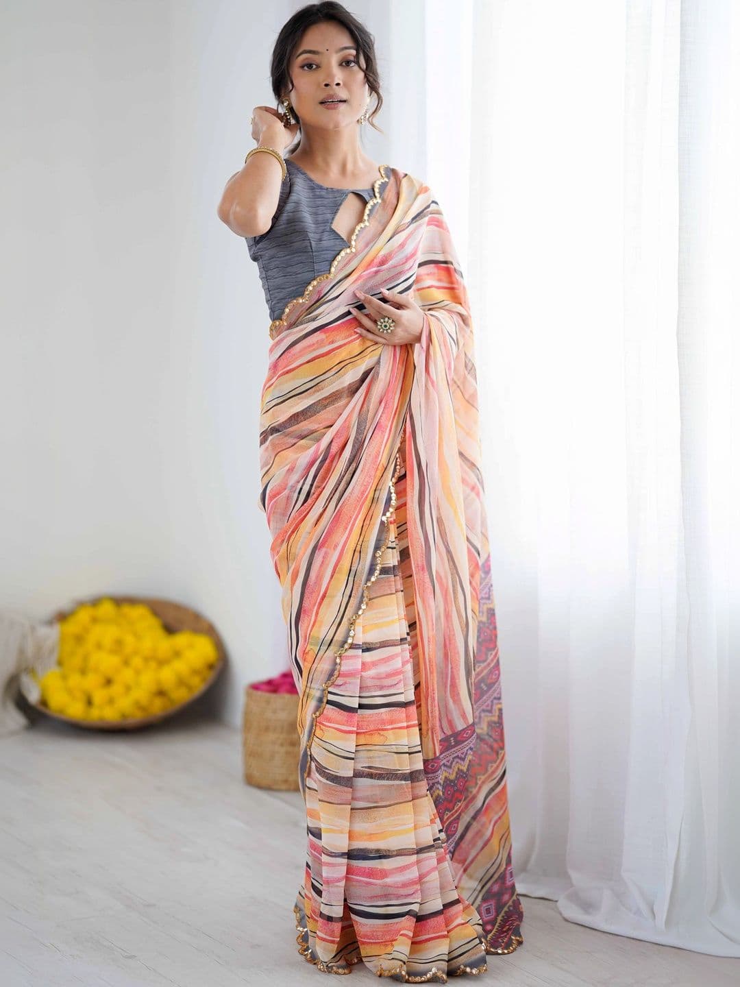 Mitera Striped Pure Georgette Saree thumbnail 2