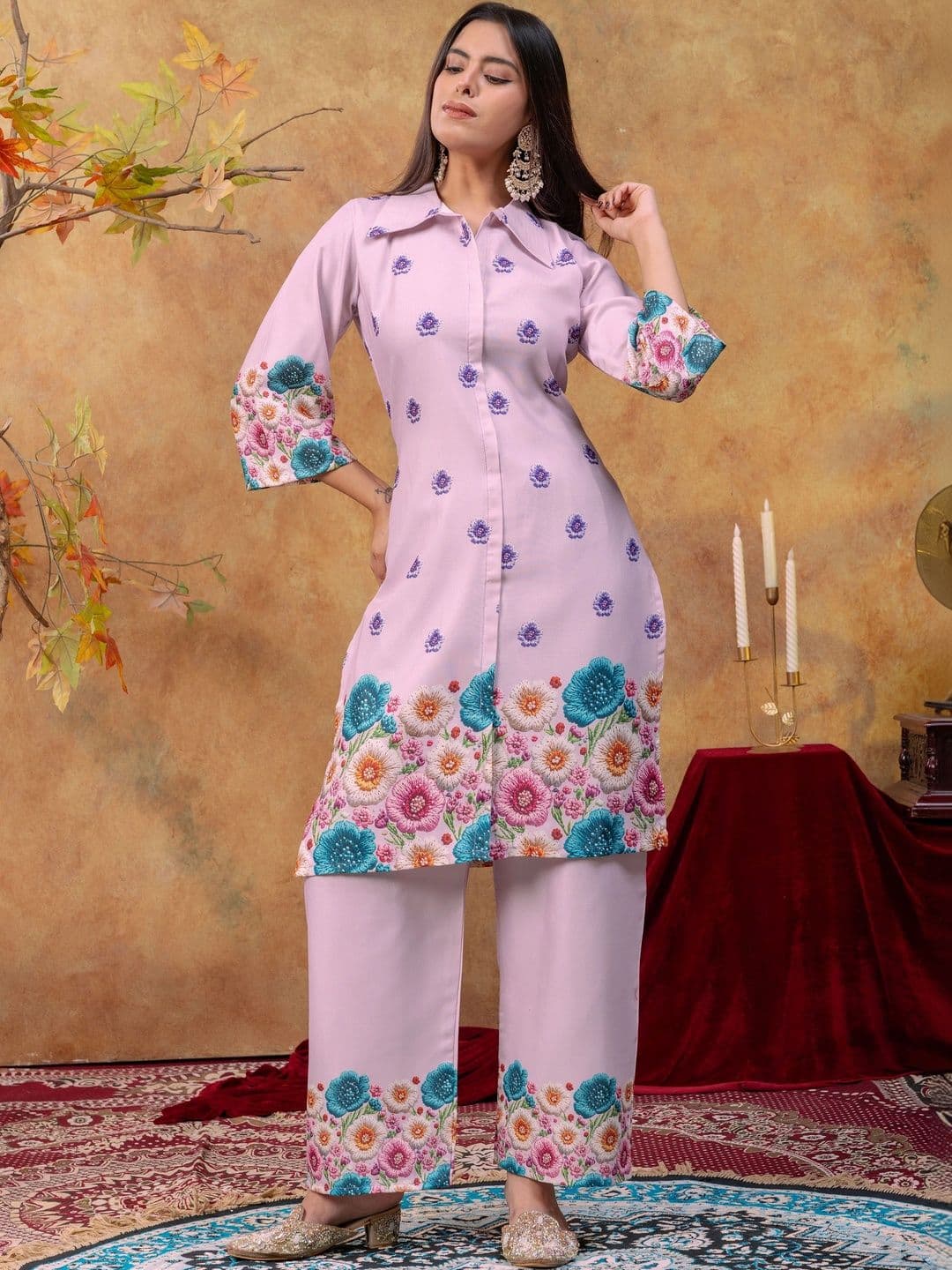 SAINOOR Women Floral Printed Regular Pure Cotton Kurta with Palazzos thumbnail 6