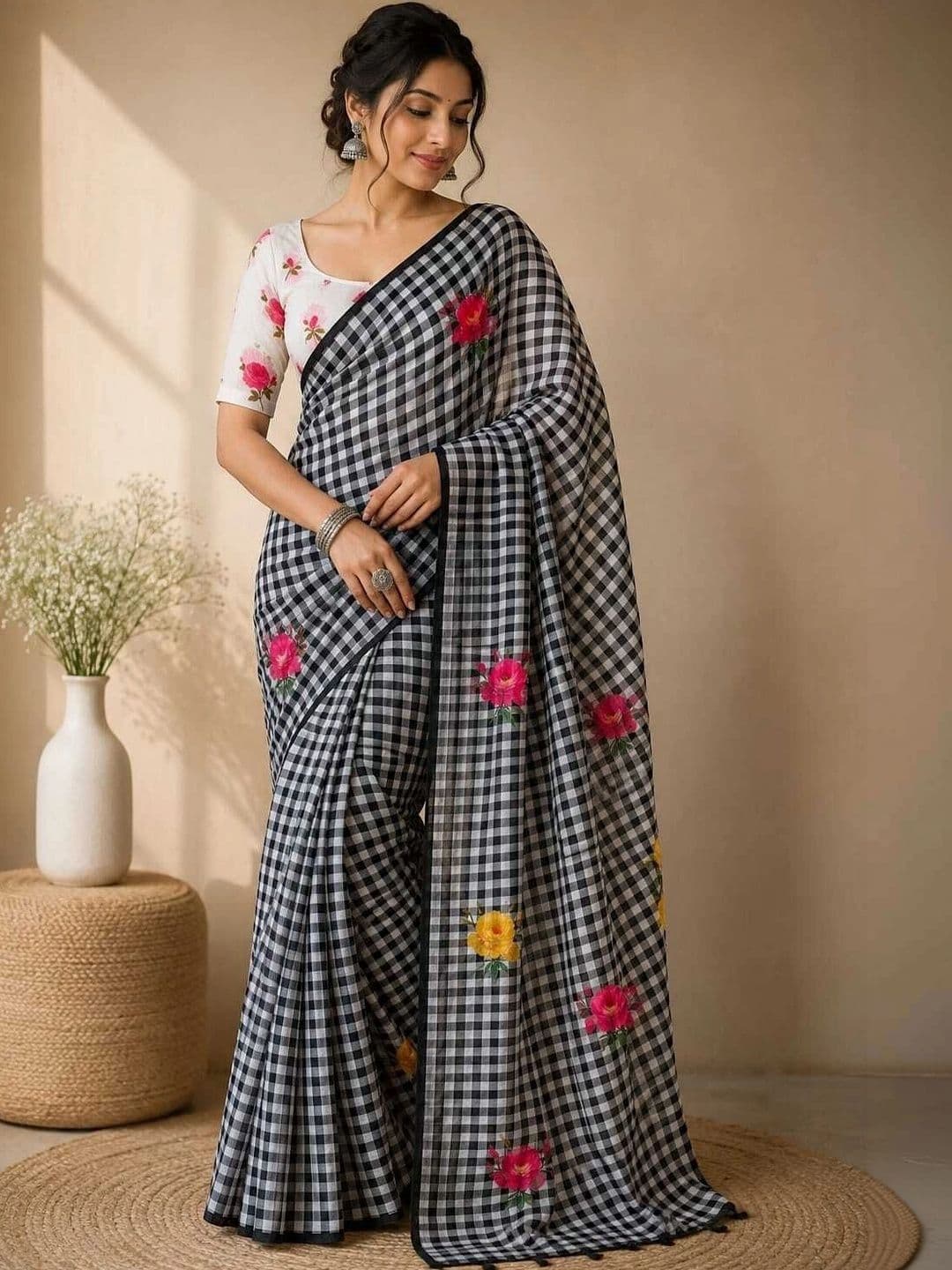 Textile Mantra Floral Embroidered Linen Blend Saree - view 1
