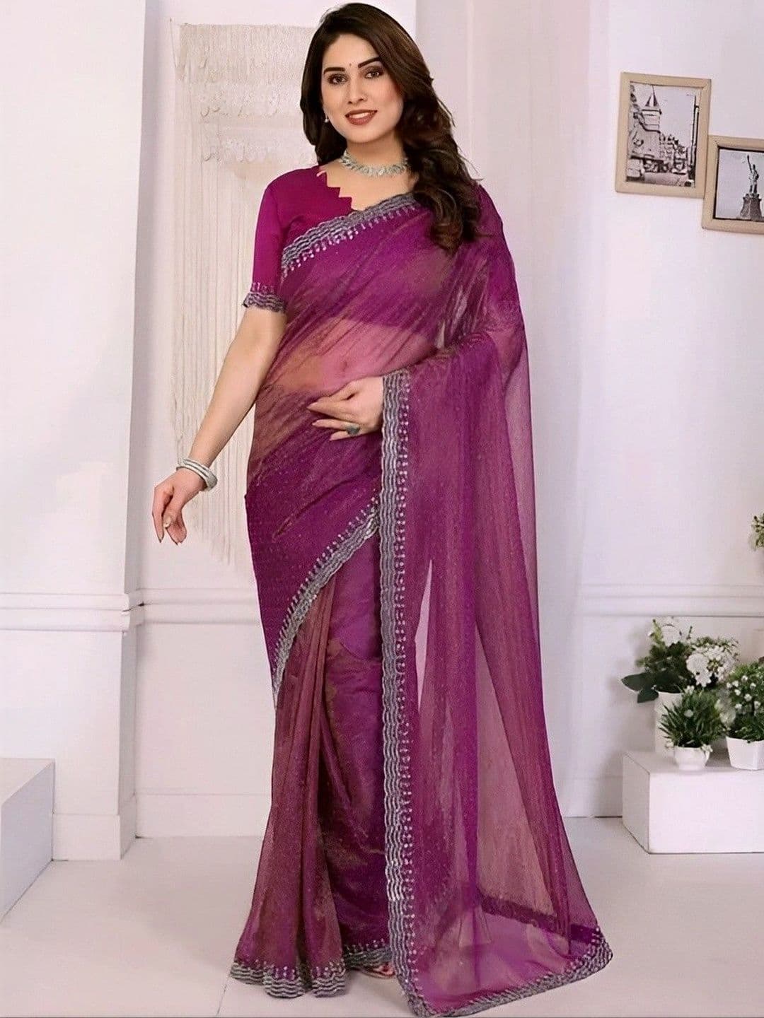 RENBRIZA Embroidered Net Saree - view 1