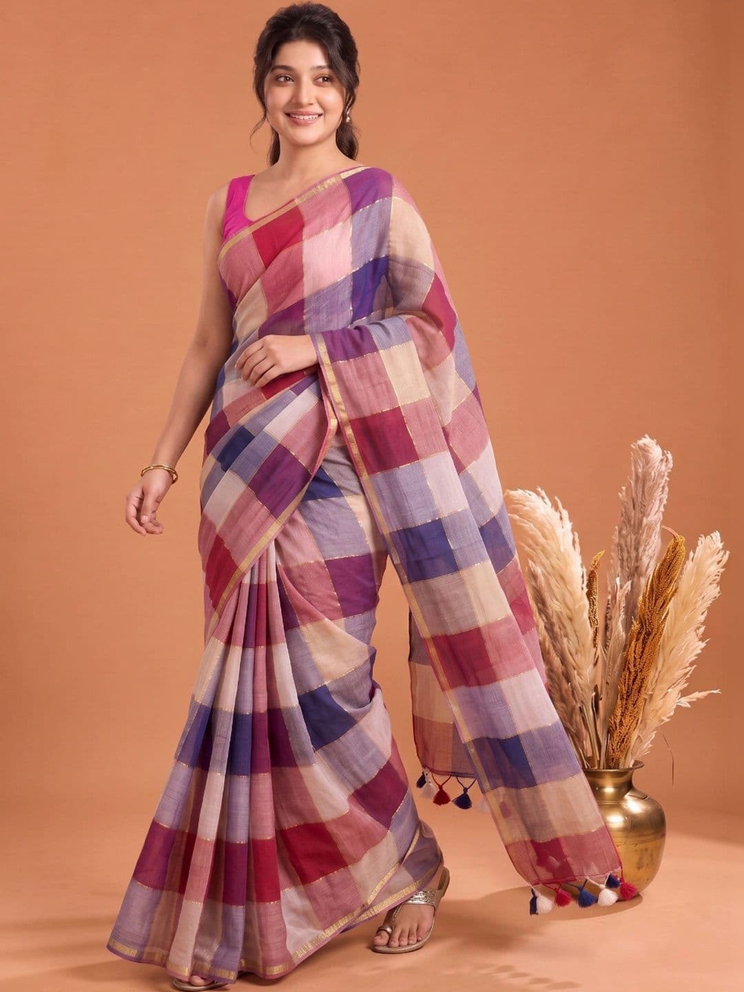 KALINI Checked Pure Cotton Saree thumbnail 4
