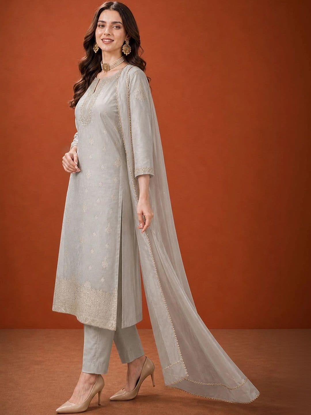 SAINOOR Women Ethnic Motifs Embroidered Regular Thread Work Kurta with Trousers & With Dupatta thumbnail 4