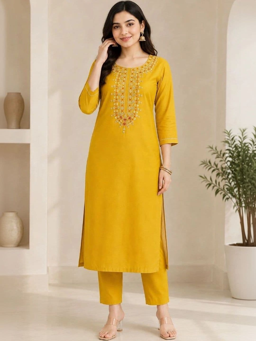 SAVYO Women Ethnic Motifs Embroidered Regular Thread Work Kurta with Trousers - view 1