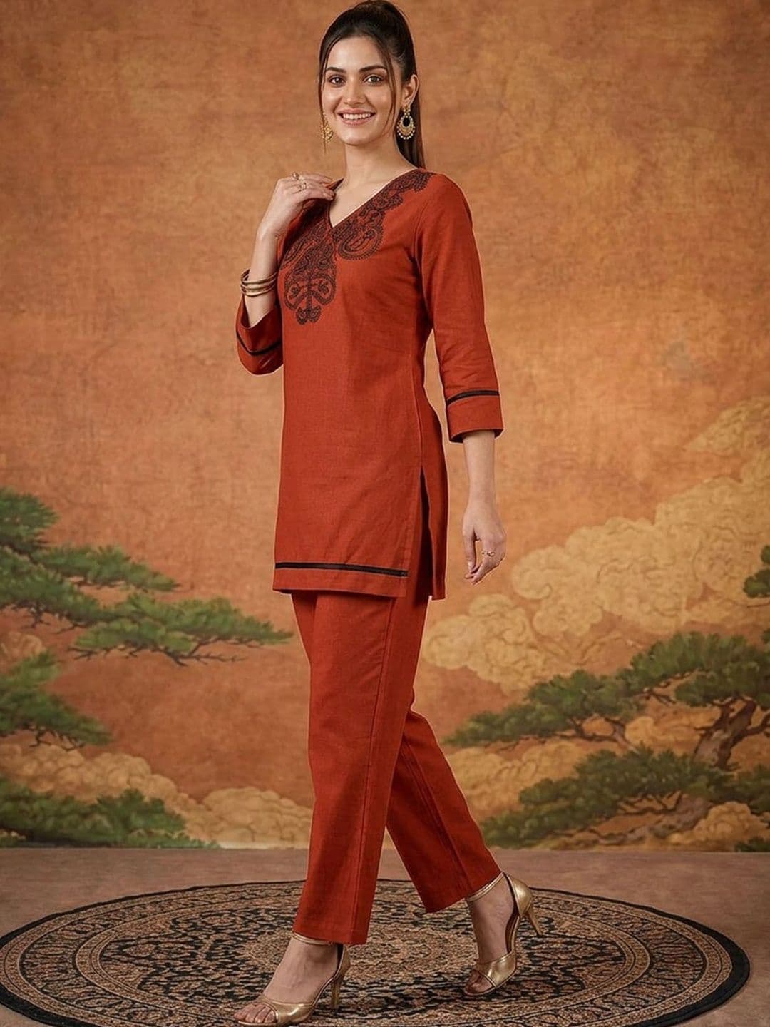 SAINOOR Women Ethnic Motifs Embroidered Regular Thread Work Pure Cotton Kurta with Trousers thumbnail 2