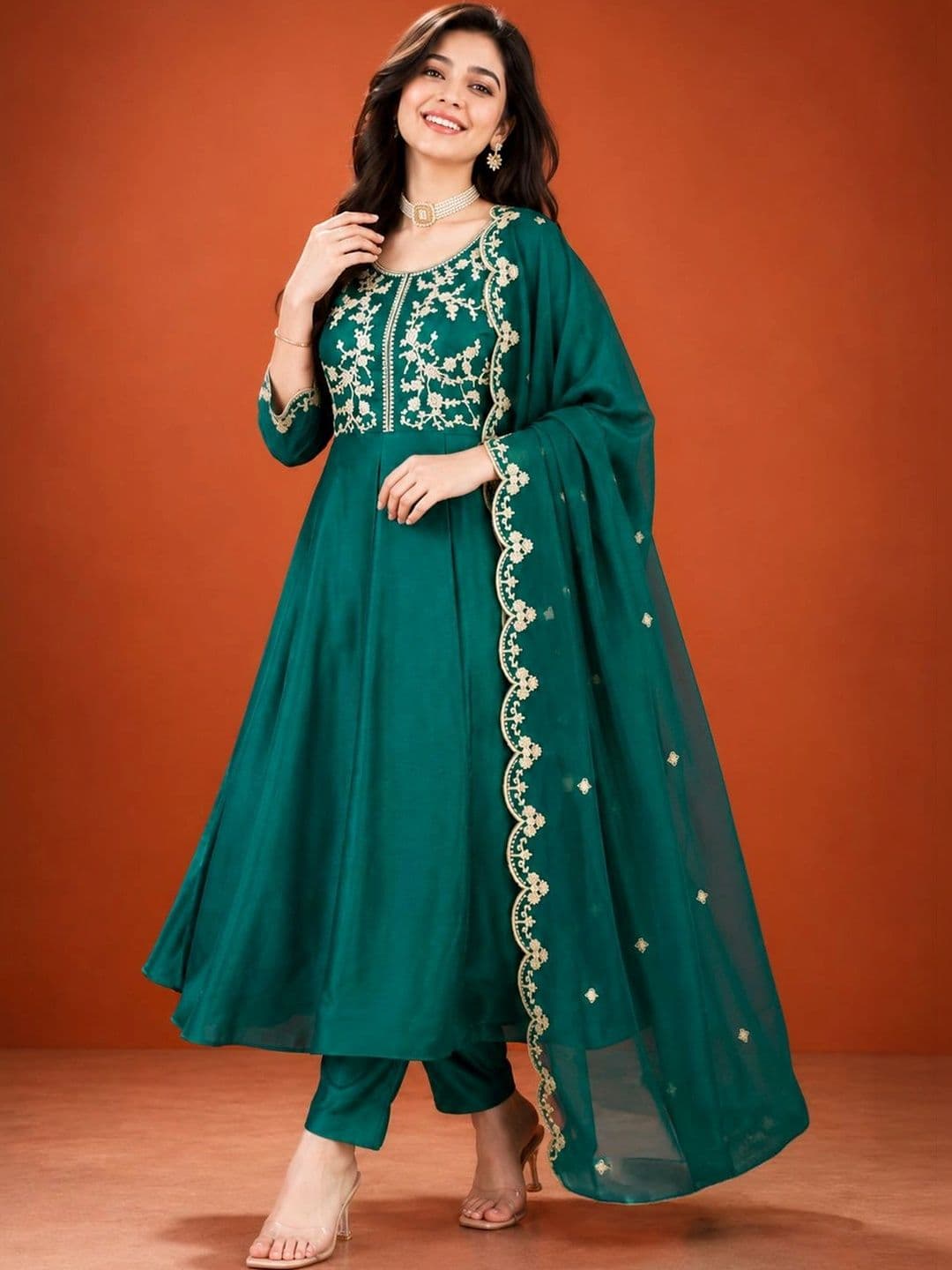 SAINOOR Women Ethnic Motifs Embroidered Empire Thread Work Kurta with Trousers & With Dupatta thumbnail 3