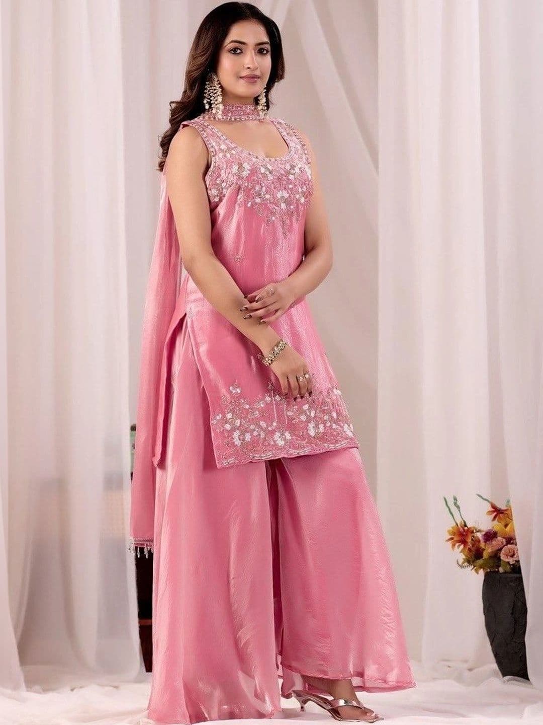 Bouncer Berry Women Ethnic Motifs Embroidered Regular Sequinned Pure Silk Kurta with Sharara & With Dupatta thumbnail 4