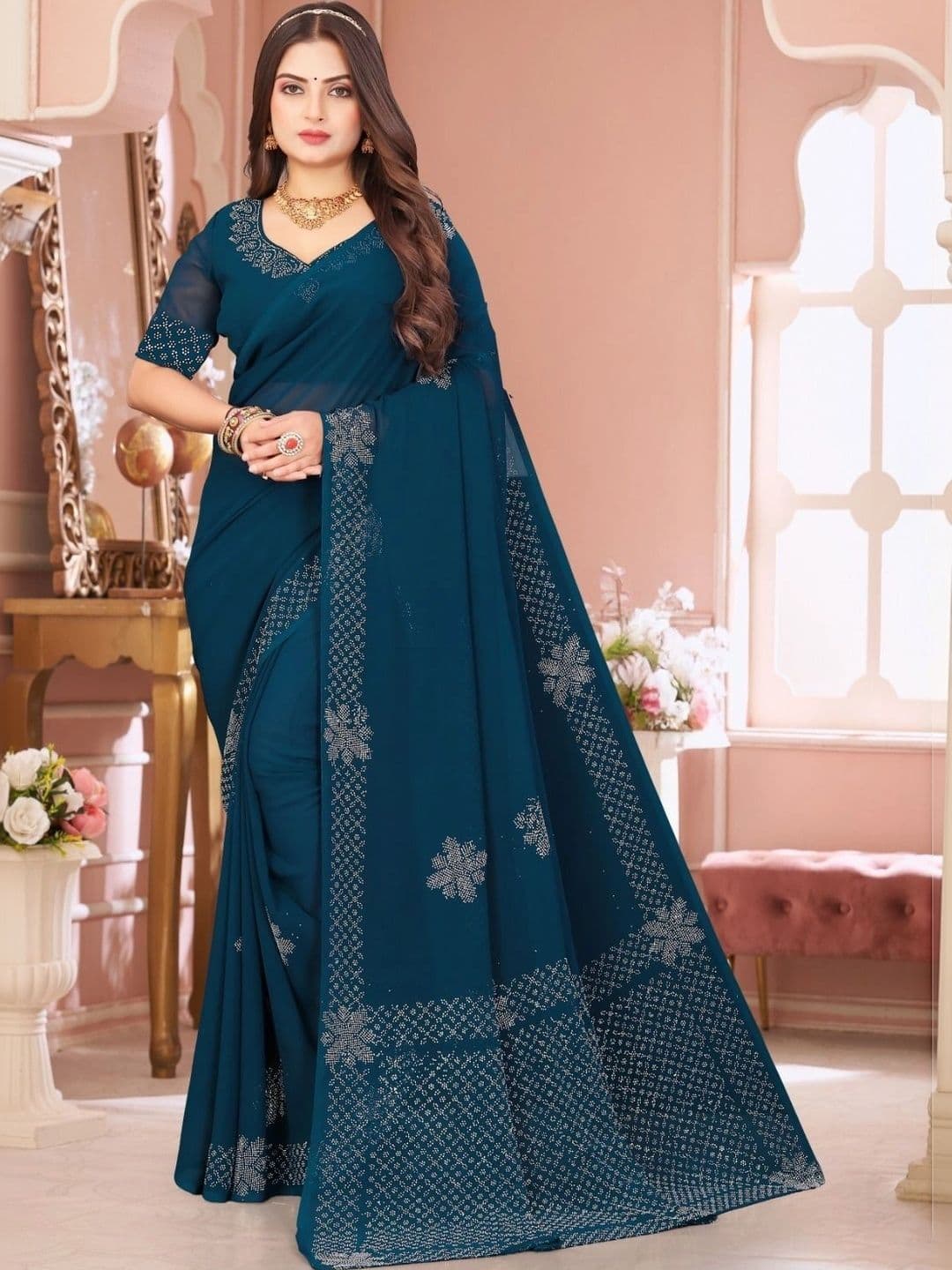 PRANU TRENDS Embellished Poly Chiffon Saree - view 1