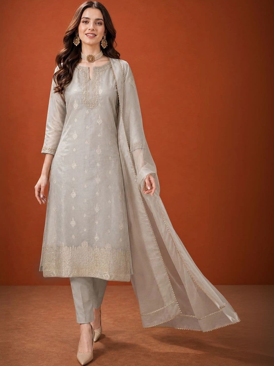 SAINOOR Women Ethnic Motifs Embroidered Regular Thread Work Kurta with Trousers & With Dupatta thumbnail 6